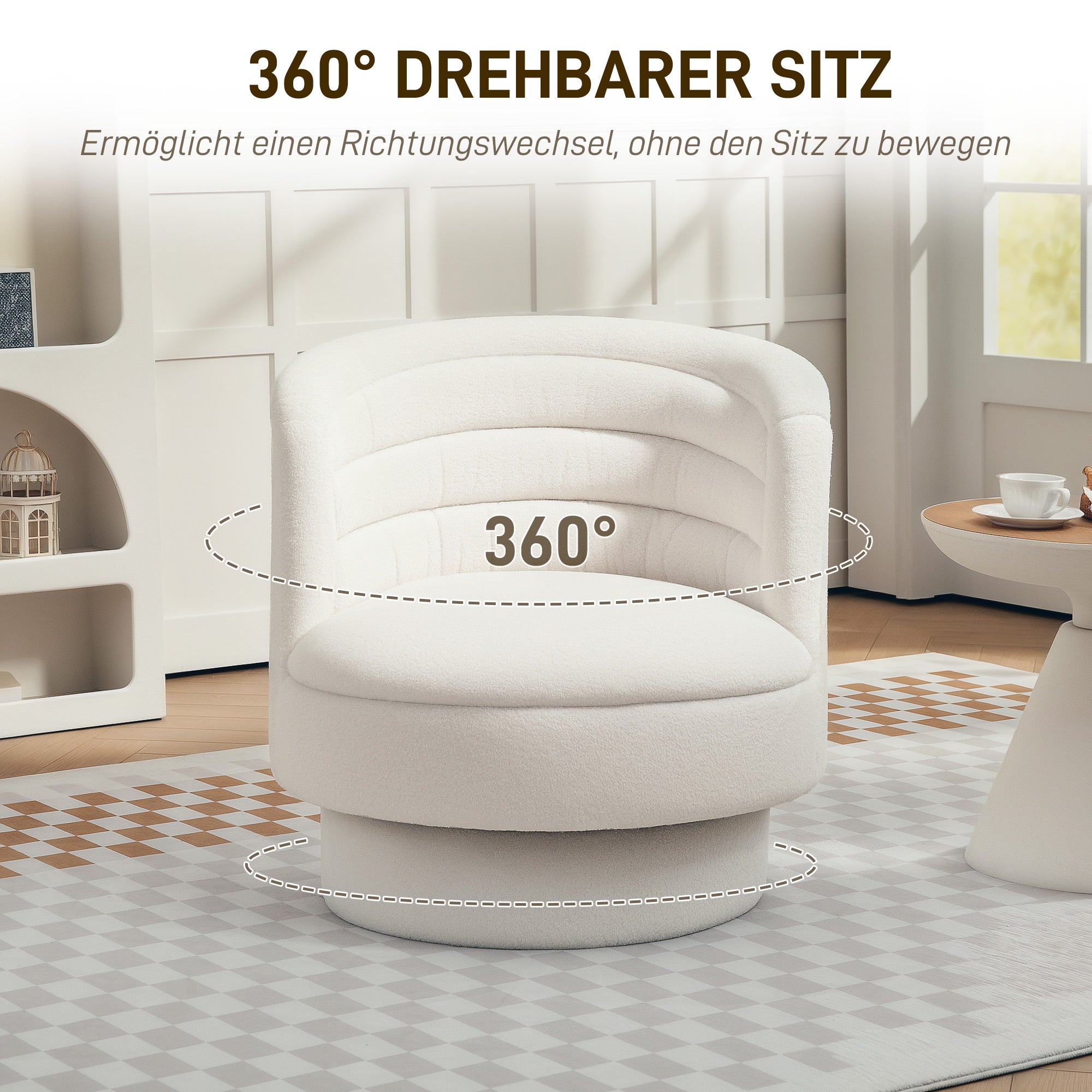 Chair Living Room Swivel Recliner with Armrests, Lounge Chair Reading Chair with Sherpa Look, Upholstered Chair for Bedroom Cream White