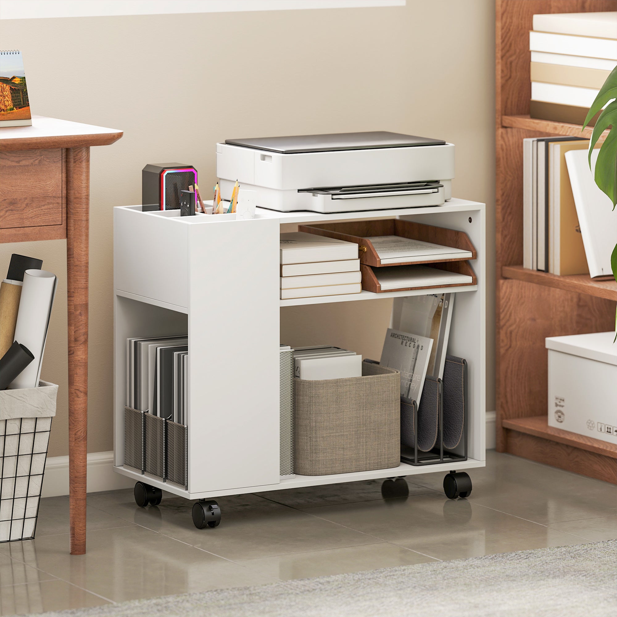 Printer Stand with Dividable Organizer, Shelves & Locking Wheels — Compact Office Cart for Printer, Fax & Scanner, 27.6 x 13.4 x 23.6 in, White
