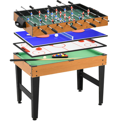 Multi Game Table 4-in-1 with Table Tennis, Billiards, Foosball, and Accessories Multifunctional Table for Kids Adults 107 x 61 x 84.5cm Natural Wood + Black