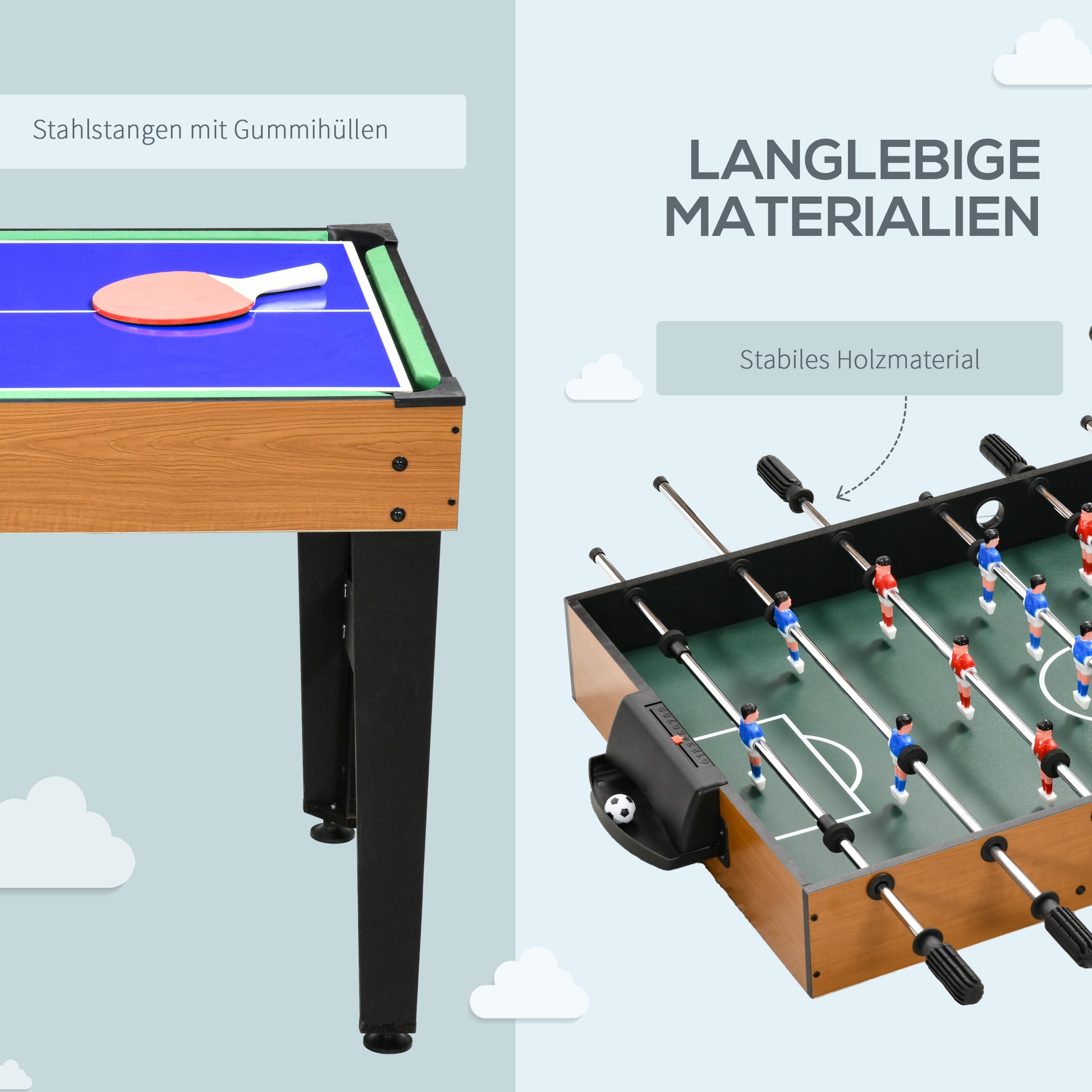 Multi Game Table 4-in-1 with Table Tennis, Billiards, Foosball, and Accessories Multifunctional Table for Kids Adults 107 x 61 x 84.5cm Natural Wood + Black