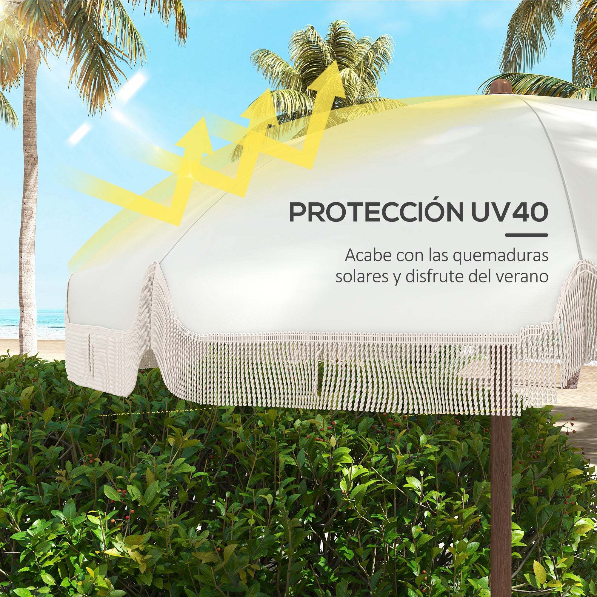 Beach Umbrella with Fringes Ø190x210 cm Patio Sunshade with 8 Rods Manual Opening Anti-UV Waterproof and Carry Bag for Garden Pool Light Gray