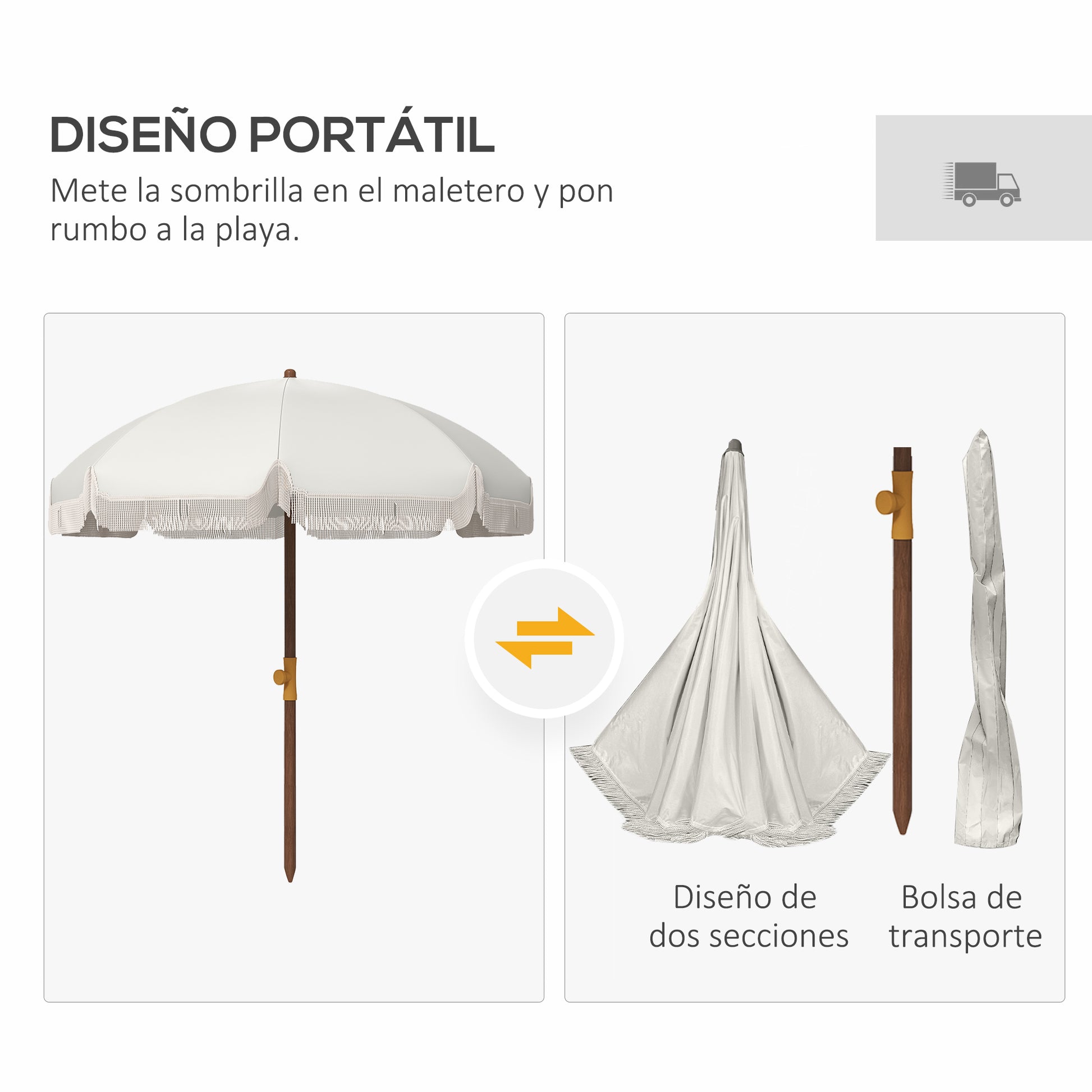 Beach Umbrella with Fringes Ø190x210 cm Patio Sunshade with 8 Rods Manual Opening Anti-UV Waterproof and Carry Bag for Garden Pool Light Gray