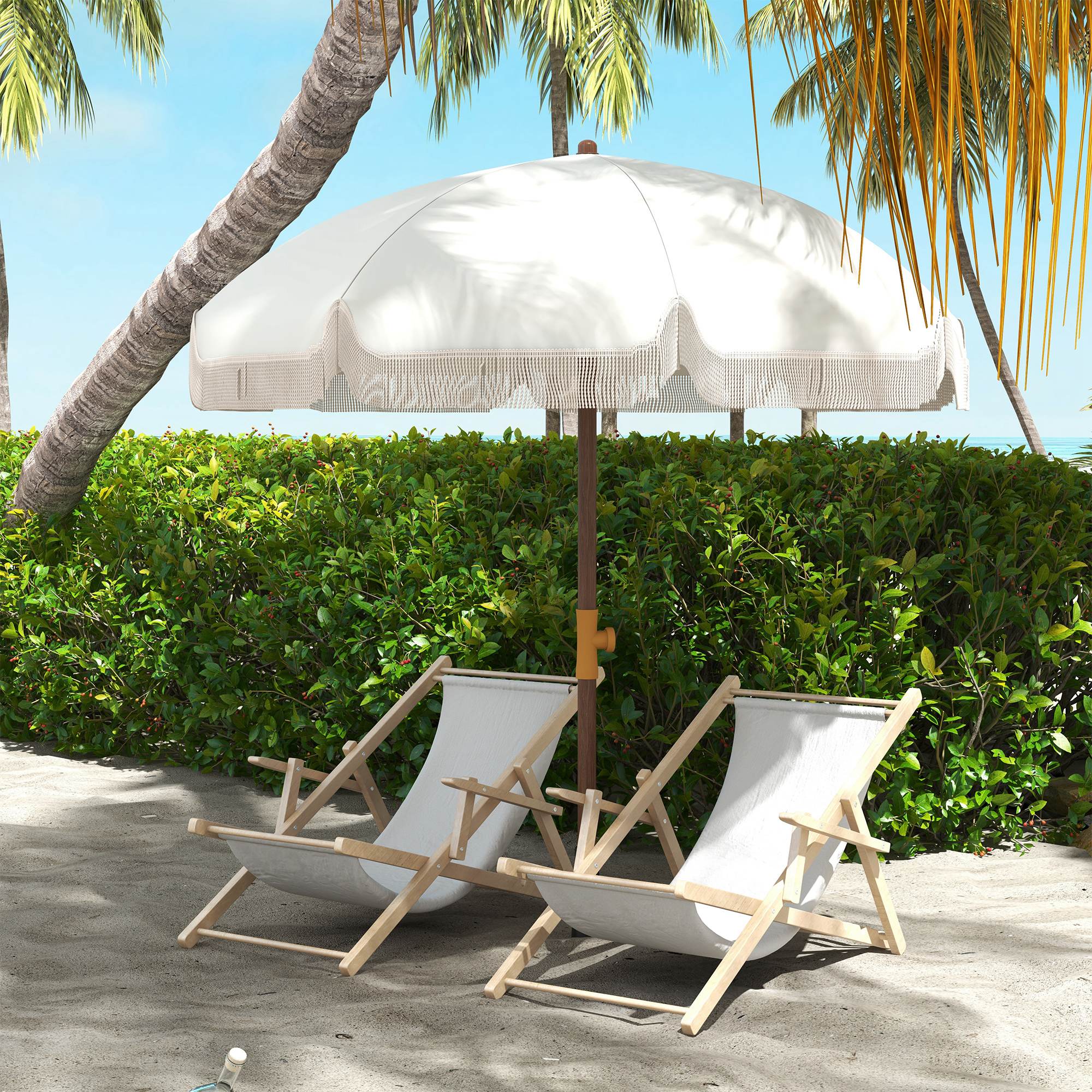 Beach Umbrella with Fringes Ø190x210 cm Patio Sunshade with 8 Rods Manual Opening Anti-UV Waterproof and Carry Bag for Garden Pool Light Gray