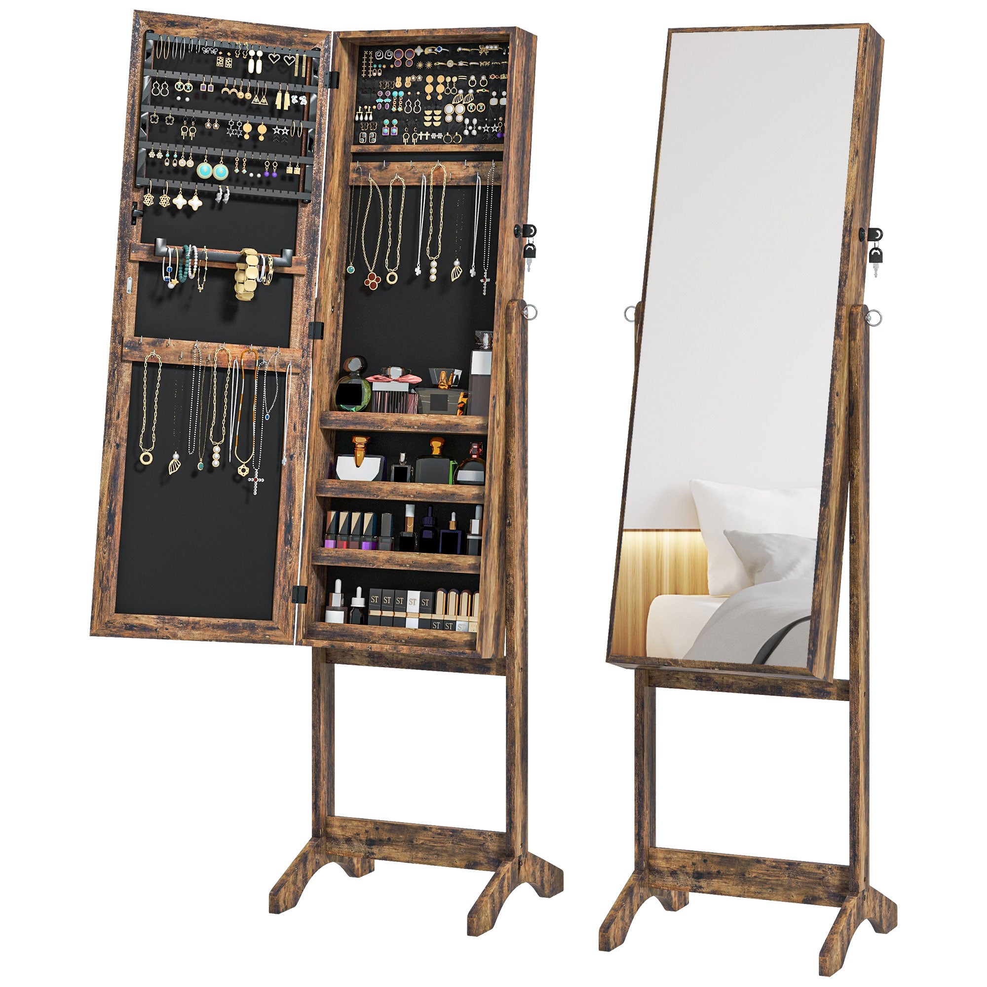 Full Length Mirror Jewelry Armoire with 3 Adjustable Angles Magnetic Lock Jewelry Organizer with Shelves Slots for Earrings Rings Necklaces 46x36.5x151.5 cm Rustic Brown