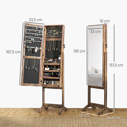 Full Length Mirror Jewelry Armoire with 3 Adjustable Angles Magnetic Lock Jewelry Organizer with Shelves Slots for Earrings Rings Necklaces 46x36.5x151.5 cm Rustic Brown