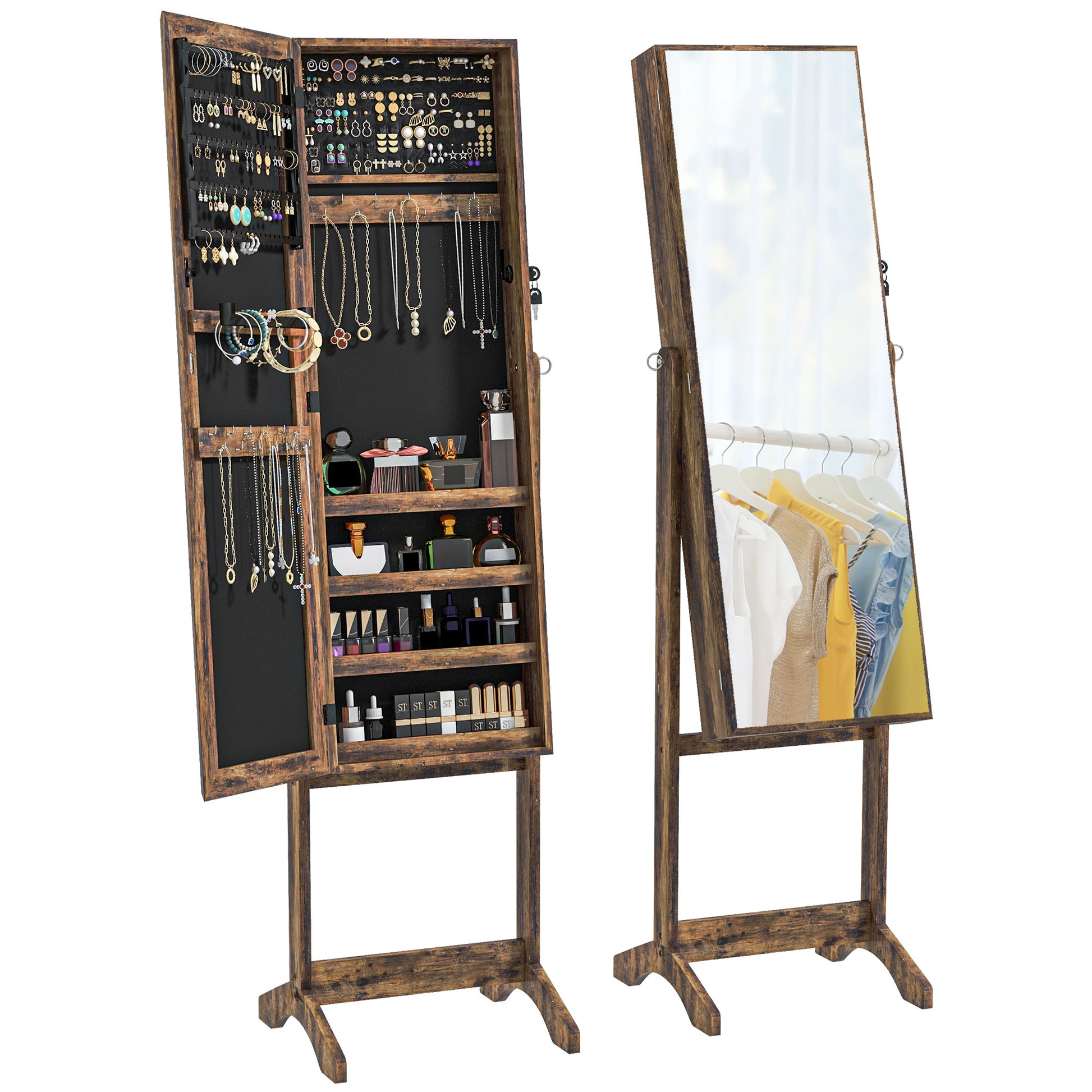 Full Length Mirror Jewelry Armoire with 3 Adjustable Angles Magnetic Lock Jewelry Organizer with Shelves Slots for Earrings Rings Necklaces 46x36.5x151.5 cm Rustic Brown