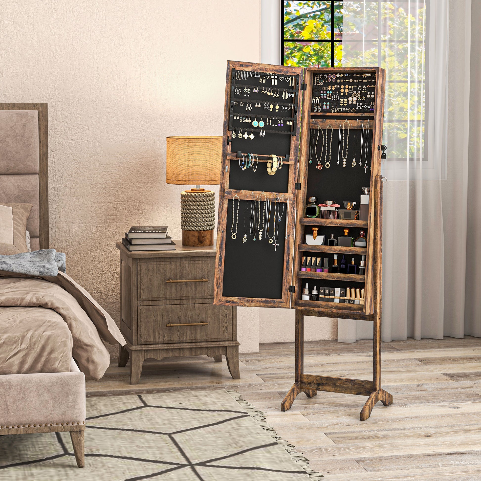 Full Length Mirror Jewelry Armoire with 3 Adjustable Angles Magnetic Lock Jewelry Organizer with Shelves Slots for Earrings Rings Necklaces 46x36.5x151.5 cm Rustic Brown