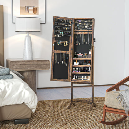 Full Length Mirror Jewelry Armoire with 3 Adjustable Angles Magnetic Lock Jewelry Organizer with Shelves Slots for Earrings Rings Necklaces 46x36.5x151.5 cm Rustic Brown