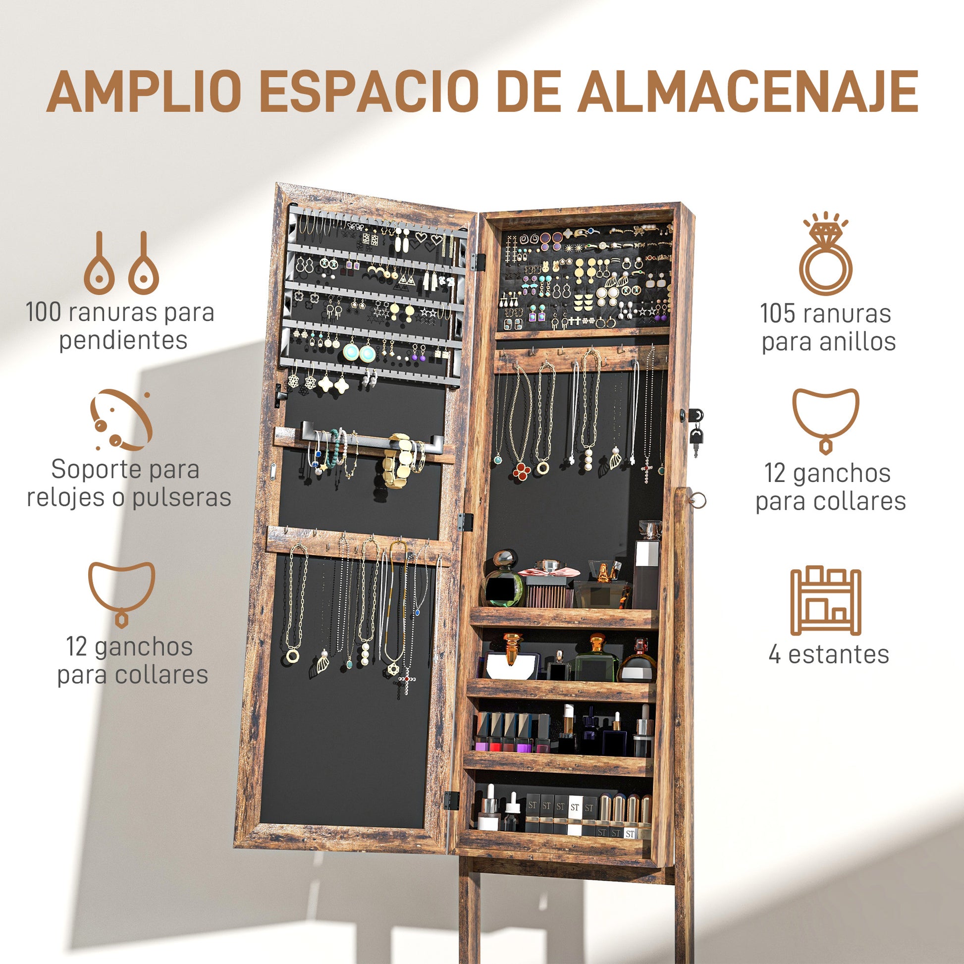 Full Length Mirror Jewelry Armoire with 3 Adjustable Angles Magnetic Lock Jewelry Organizer with Shelves Slots for Earrings Rings Necklaces 46x36.5x151.5 cm Rustic Brown