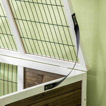 Raised Wooden Rabbit Hutch Cage with Open Area Foldable Roof Latched Doors Removable Tray and Ramp Rabbit Hutch for Indoor 90x53x87 cm Brown and White