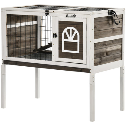 Raised Wooden Rabbit Hutch Cage with Open Area Foldable Roof Latched Doors Removable Tray and Ramp Rabbit Hutch for Indoor 90x53x87 cm Brown and White