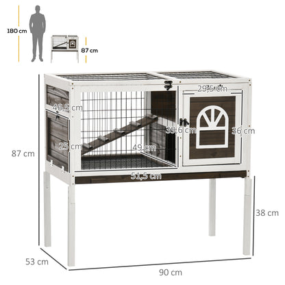 Raised Wooden Rabbit Hutch Cage with Open Area Foldable Roof Latched Doors Removable Tray and Ramp Rabbit Hutch for Indoor 90x53x87 cm Brown and White