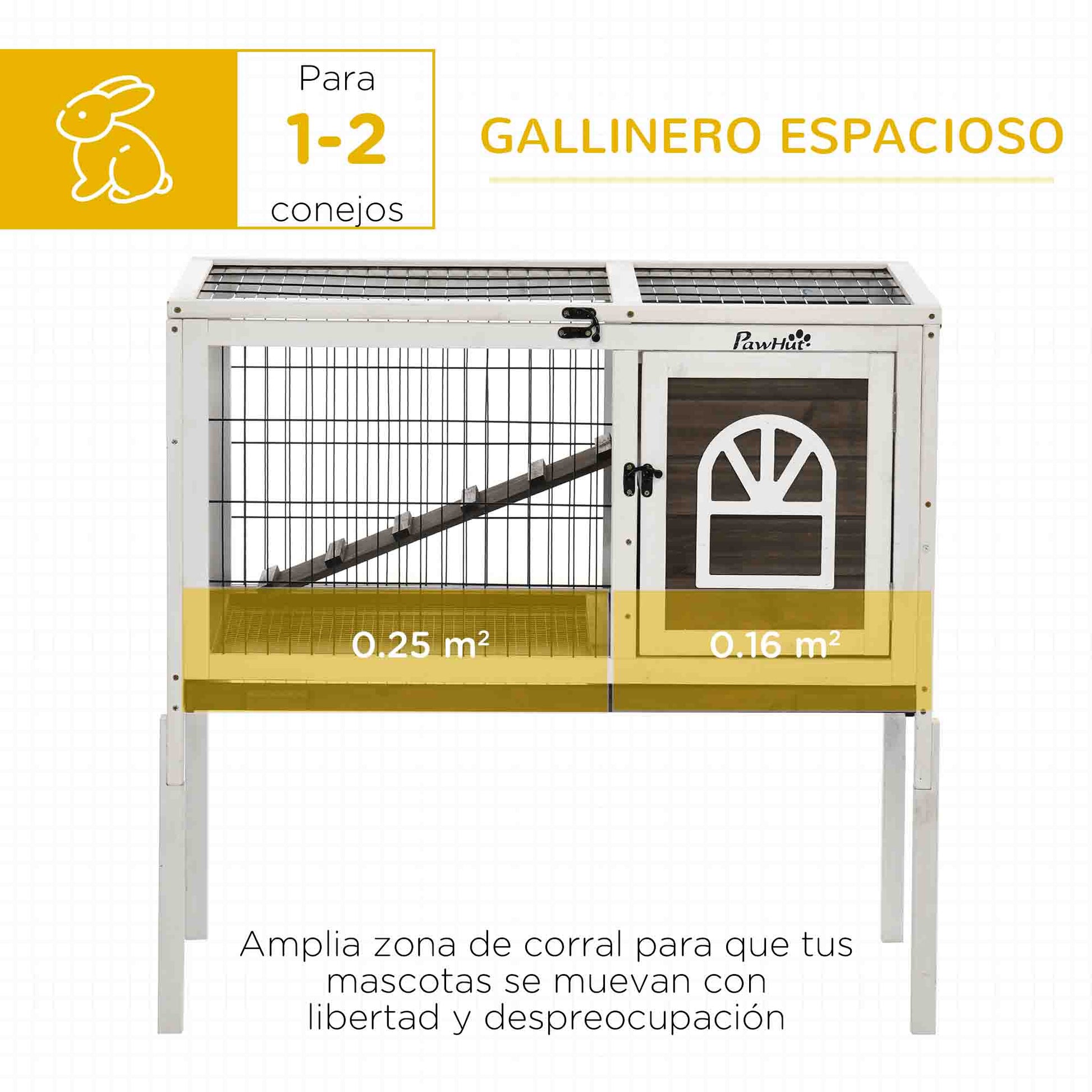 Raised Wooden Rabbit Hutch Cage with Open Area Foldable Roof Latched Doors Removable Tray and Ramp Rabbit Hutch for Indoor 90x53x87 cm Brown and White
