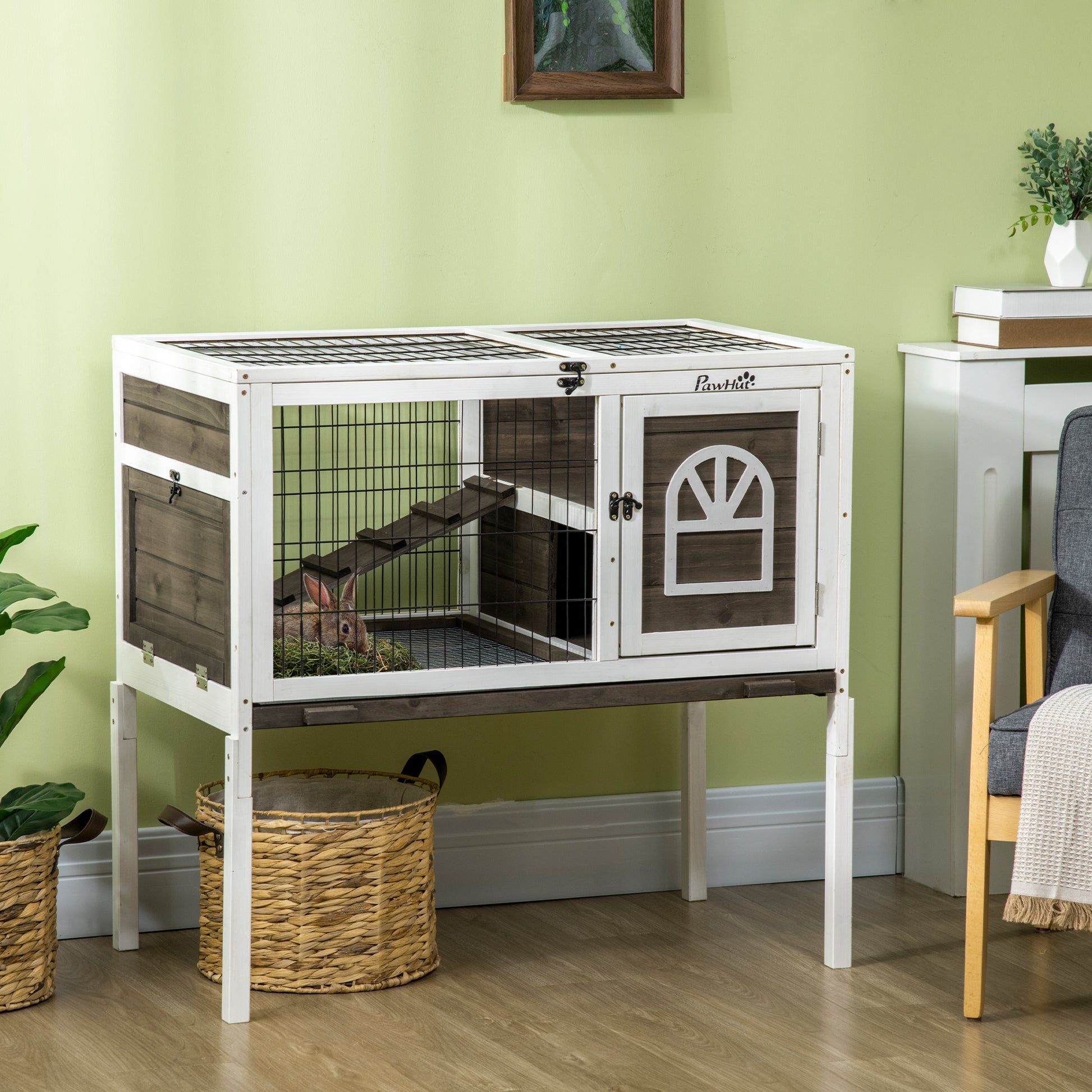 Raised Wooden Rabbit Hutch Cage with Open Area Foldable Roof Latched Doors Removable Tray and Ramp Rabbit Hutch for Indoor 90x53x87 cm Brown and White