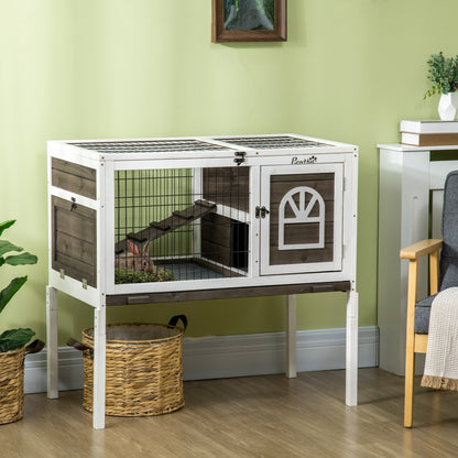Raised Wooden Rabbit Hutch Cage with Open Area Foldable Roof Latched Doors Removable Tray and Ramp Rabbit Hutch for Indoor 90x53x87 cm Brown and White