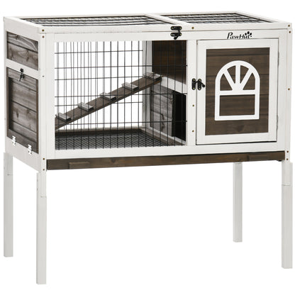 Raised Wooden Rabbit Hutch Cage with Open Area Foldable Roof Latched Doors Removable Tray and Ramp Rabbit Hutch for Indoor 90x53x87 cm Brown and White