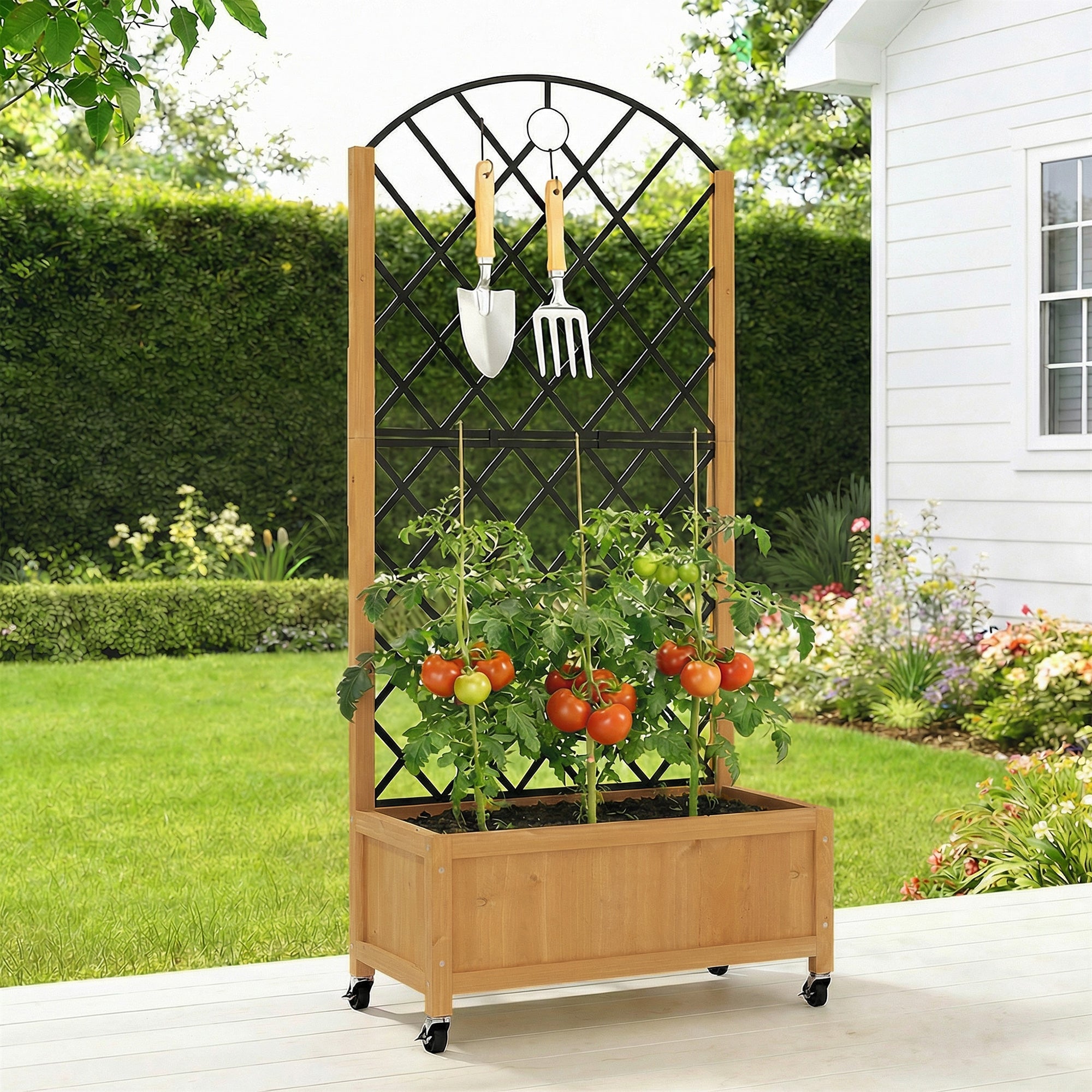 Raised Wooden Planter with Trellis & Wheels, 72 x 36 x 168 cm (28.3 x 14.2 x 66.1 in)