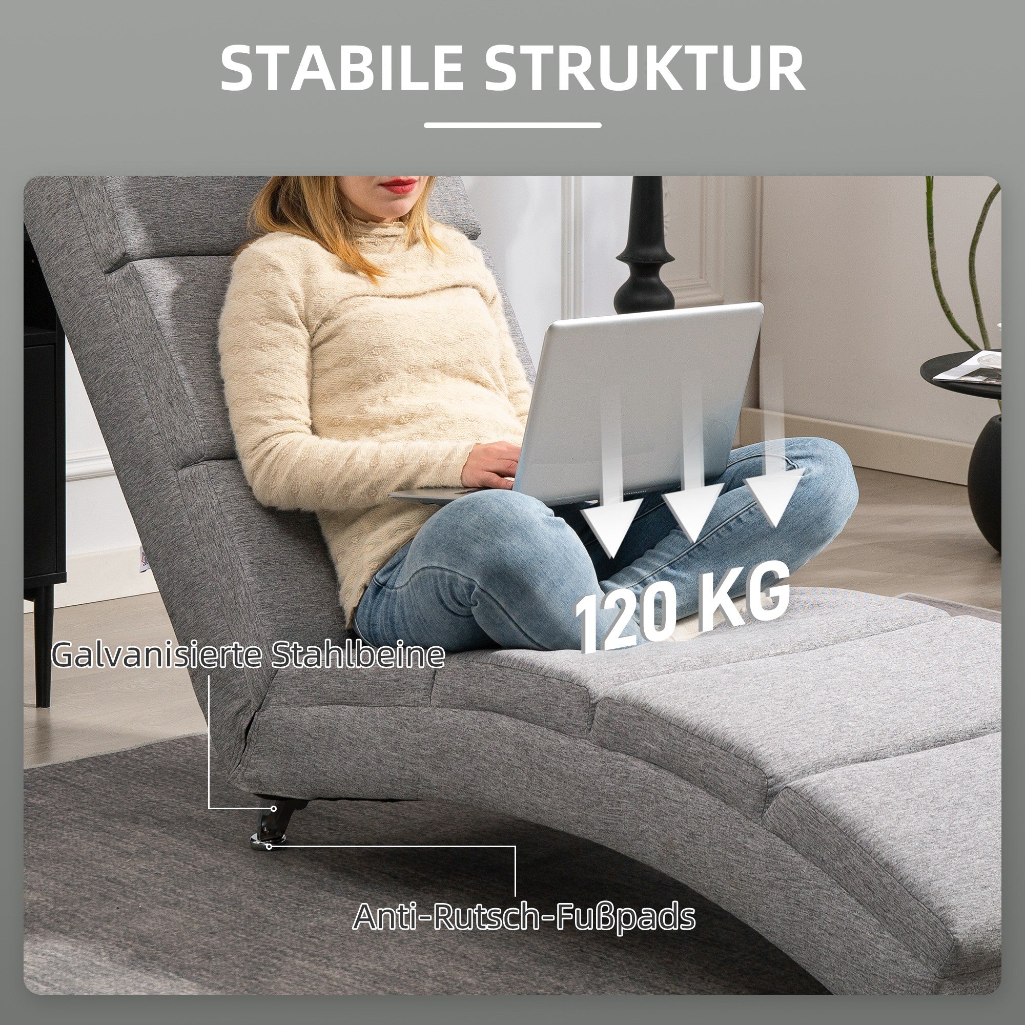 Recliner Lounger Armchair Upholstered Lounge Chair Chaise Longue with Linen Look, Steel Legs Recliner for Living Room Light Gray