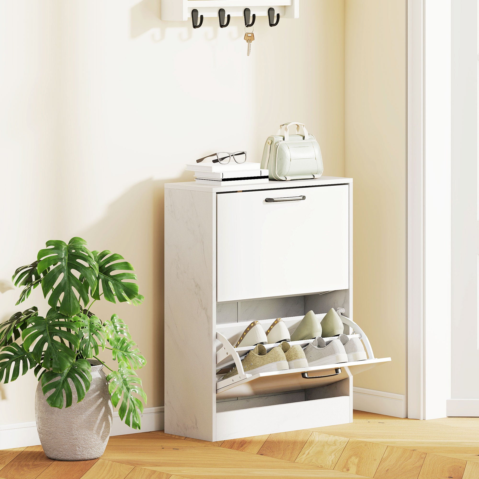 Slim Shoe Cabinet with 2 High-Gloss Flip Doors, Adjustable Shelves, Marble Design, Fits up to 8 Pairs — White (23.6 x 9.4 x 31.5 in)