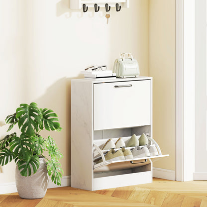 Slim Shoe Cabinet with 2 High-Gloss Flip Doors, Adjustable Shelves, Marble Design, Fits up to 8 Pairs — White (23.6 x 9.4 x 31.5 in)