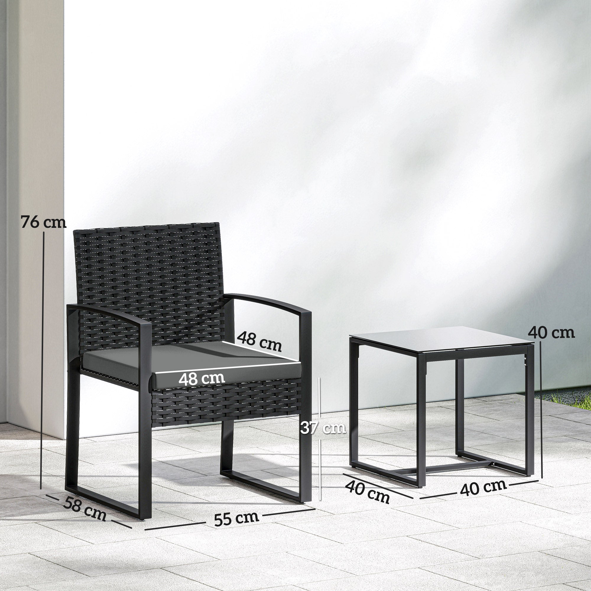 3-Piece Rattan Bistro Set — 2 Patio Chairs & Coffee Table with Removable Cushions, Dark Gray