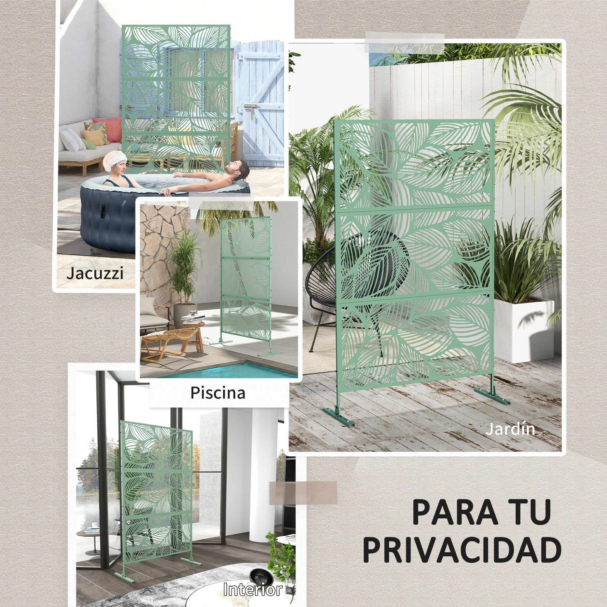 Outdoor Room Divider with 3-Piece Large Leaf Pattern and Steel Frame Privacy Screen for Patio Terrace Garden 122x45x198 cm Green