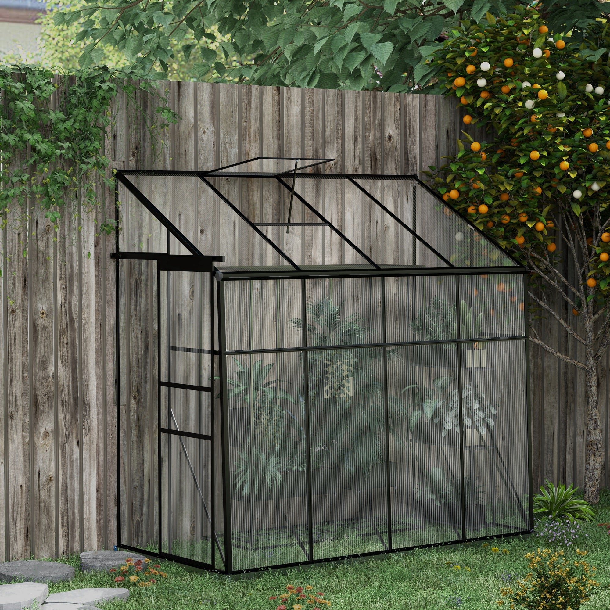Lean-to Greenhouse, Polycarbonate Garden Greenhouse with Sliding Door, 5-Level Roof Vent, Aluminum Frame and Foundation, Black