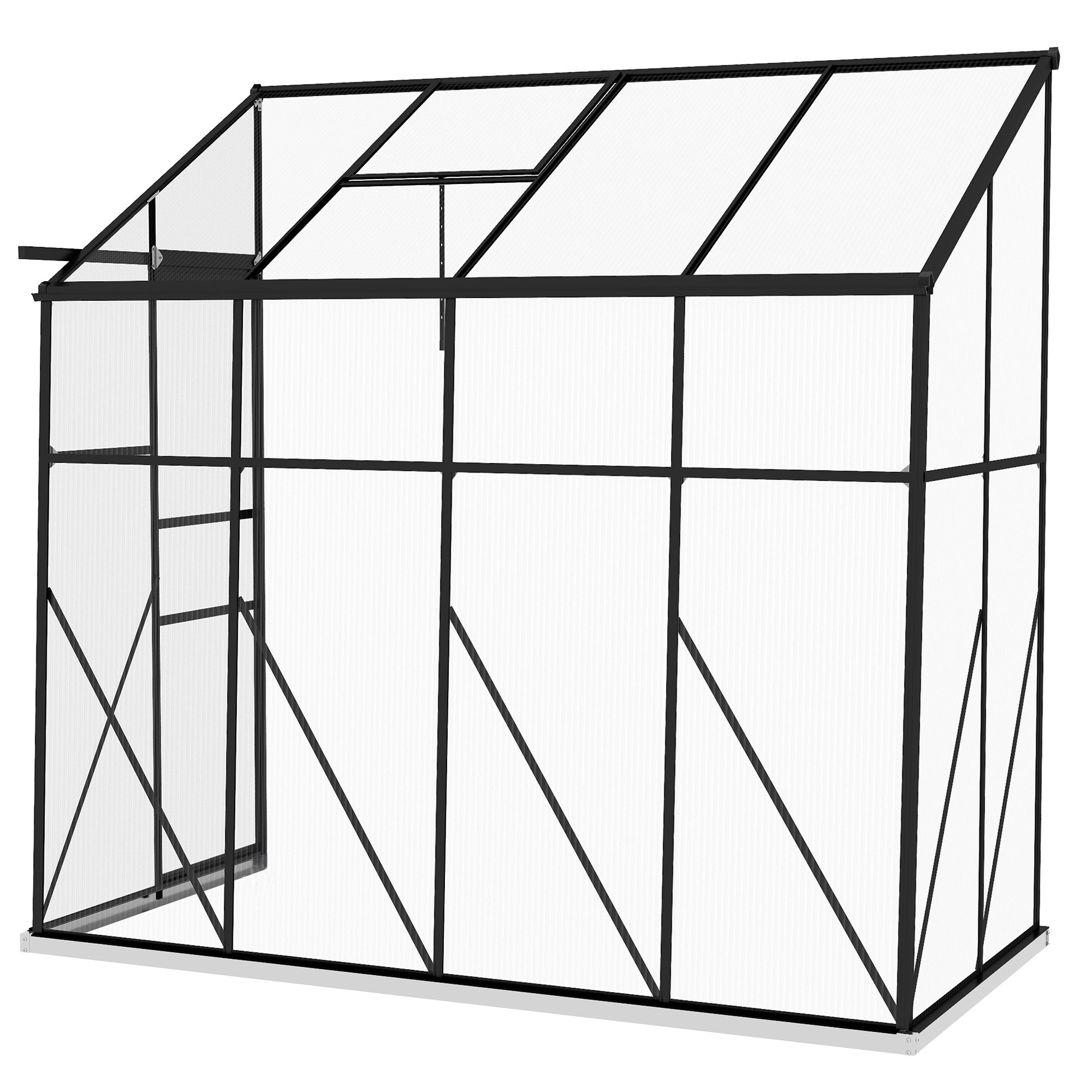 Lean-to Greenhouse, Polycarbonate Garden Greenhouse with Sliding Door, 5-Level Roof Vent, Aluminum Frame and Foundation, Black