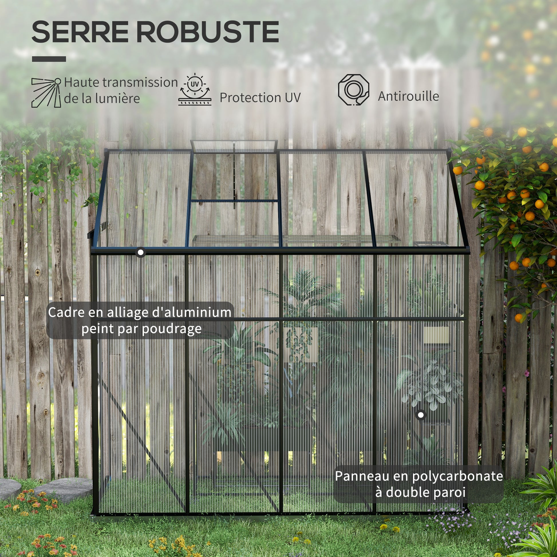 Lean-to Greenhouse, Polycarbonate Garden Greenhouse with Sliding Door, 5-Level Roof Vent, Aluminum Frame and Foundation, Black
