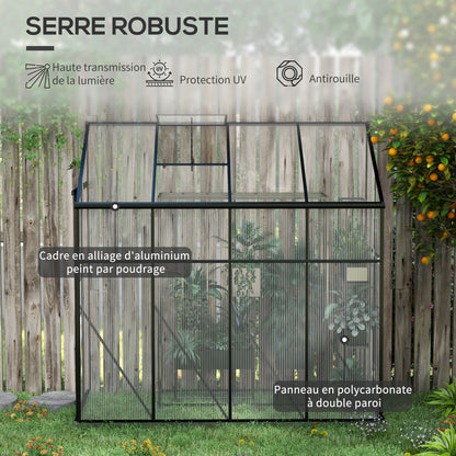 Lean-to Greenhouse, Polycarbonate Garden Greenhouse with Sliding Door, 5-Level Roof Vent, Aluminum Frame and Foundation, Black