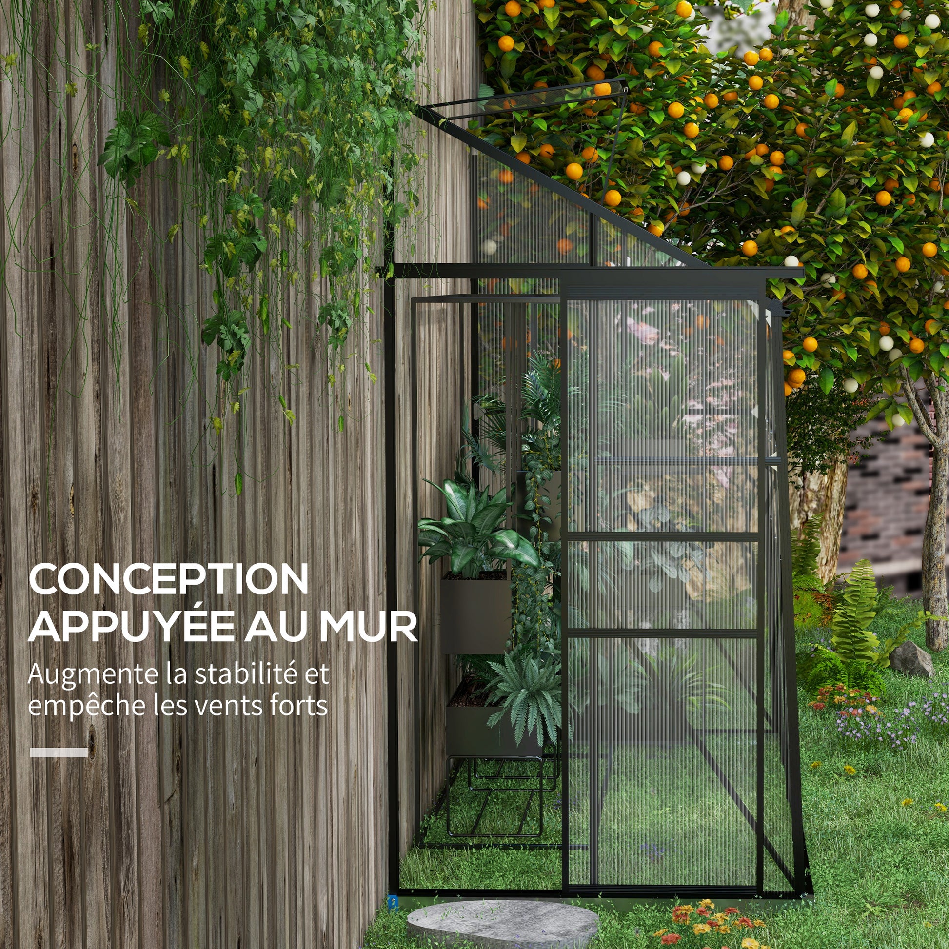Lean-to Greenhouse, Polycarbonate Garden Greenhouse with Sliding Door, 5-Level Roof Vent, Aluminum Frame and Foundation, Black