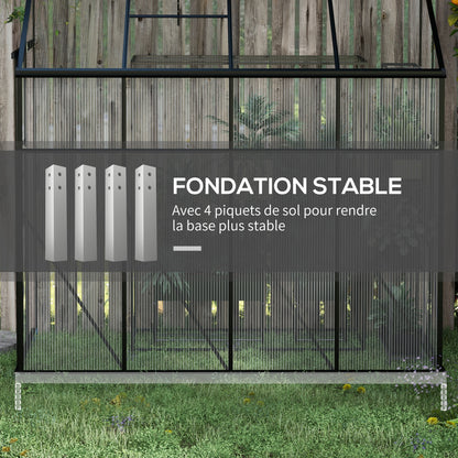 Lean-to Greenhouse, Polycarbonate Garden Greenhouse with Sliding Door, 5-Level Roof Vent, Aluminum Frame and Foundation, Black