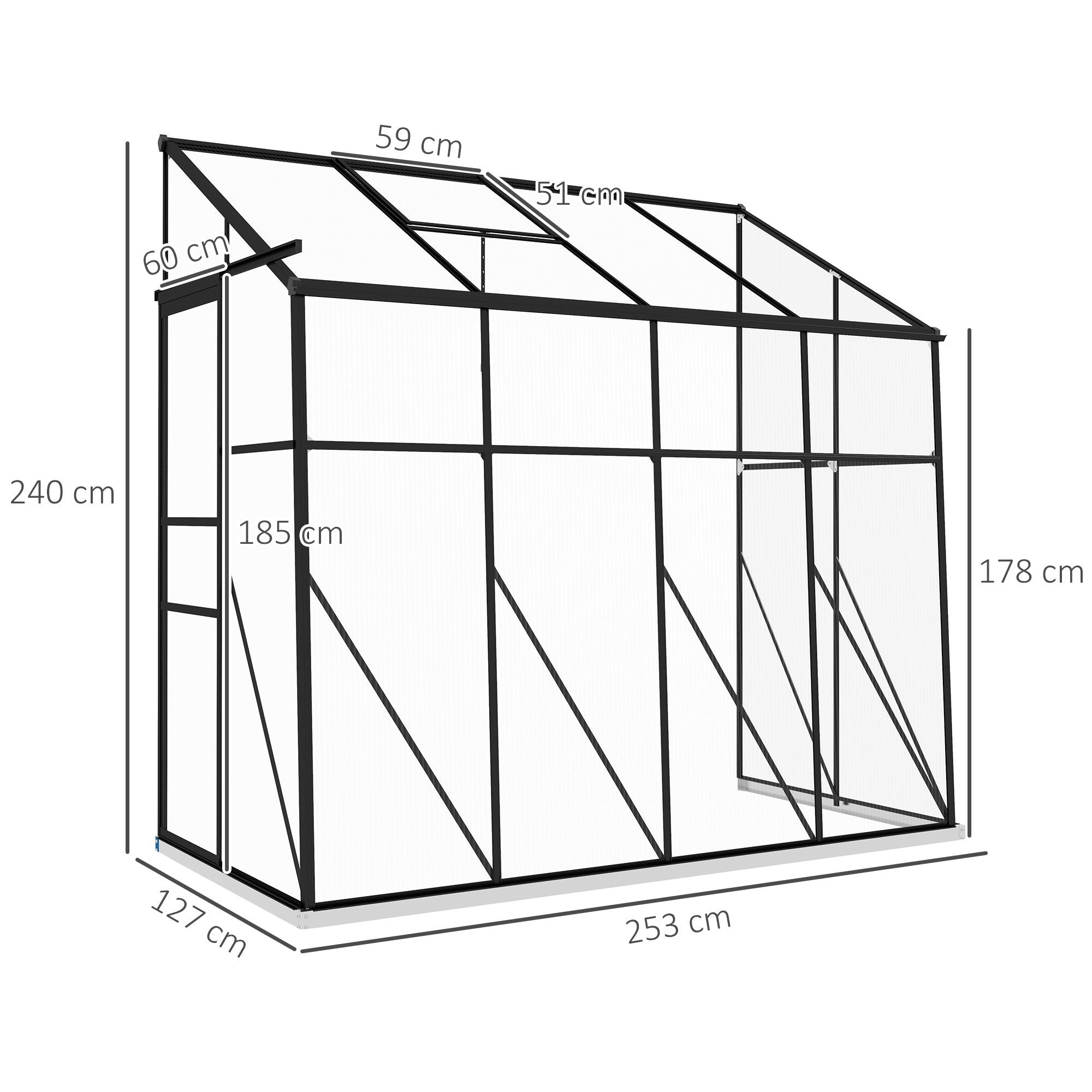 Lean-to Greenhouse, Polycarbonate Garden Greenhouse with Sliding Door, 5-Level Roof Vent, Aluminum Frame and Foundation, Black