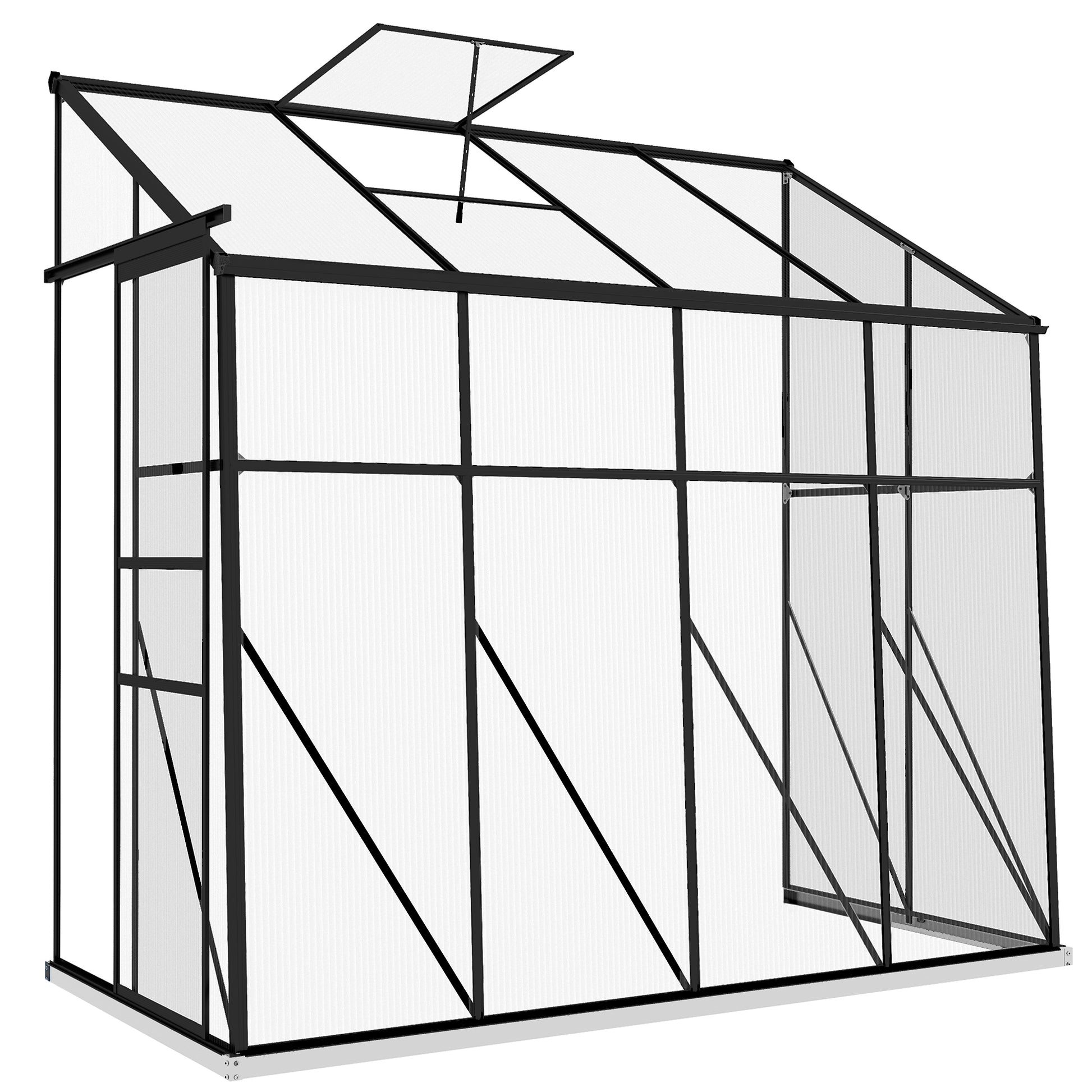 Lean-to Greenhouse, Polycarbonate Garden Greenhouse with Sliding Door, 5-Level Roof Vent, Aluminum Frame and Foundation, Black