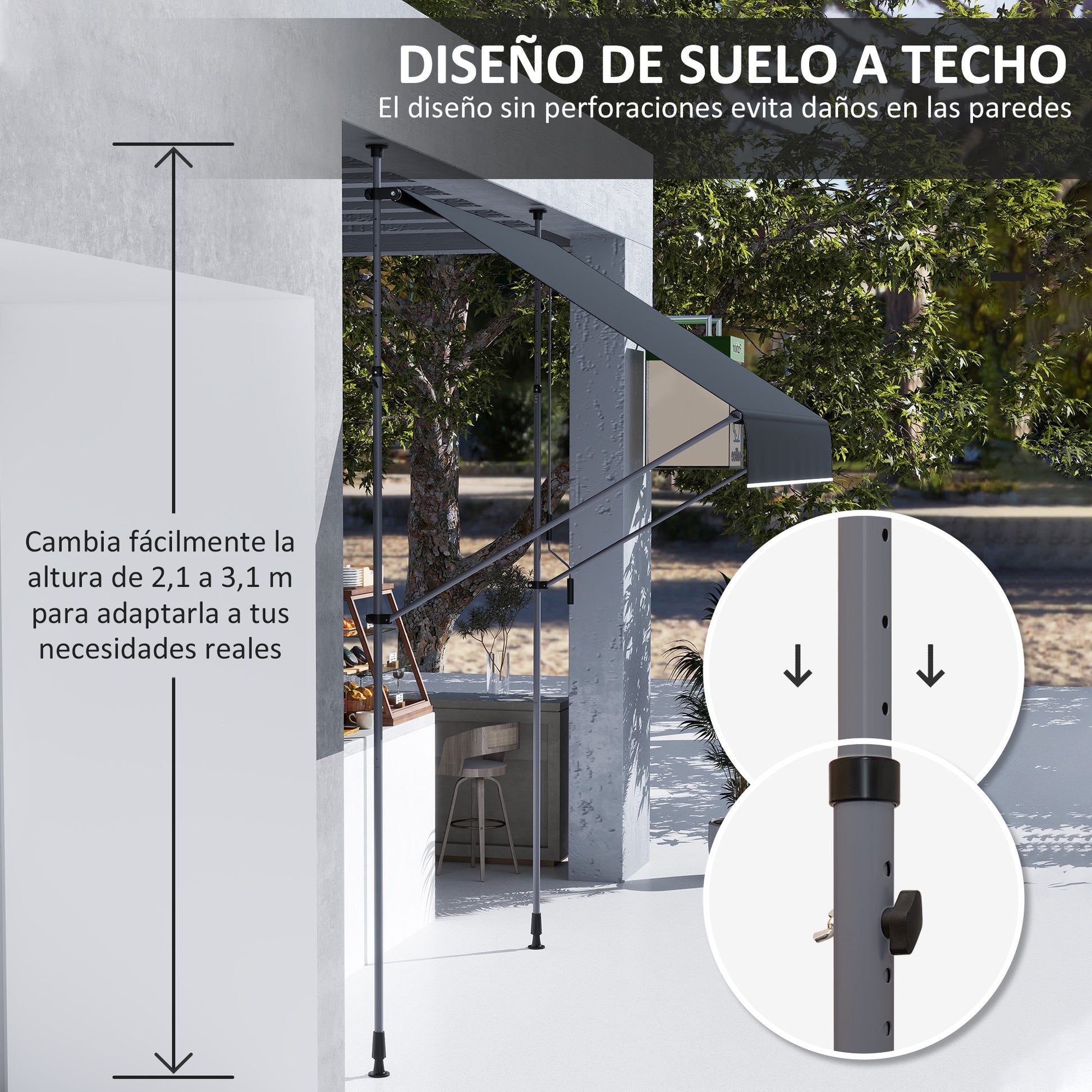Manual Retractable Awning 2x1.2 m Outdoor Patio Roll-Up Awning Adjustable Height with Crank 210-310 cm UV30+ Protection Drill-Free for Garden Balcony Patio Black