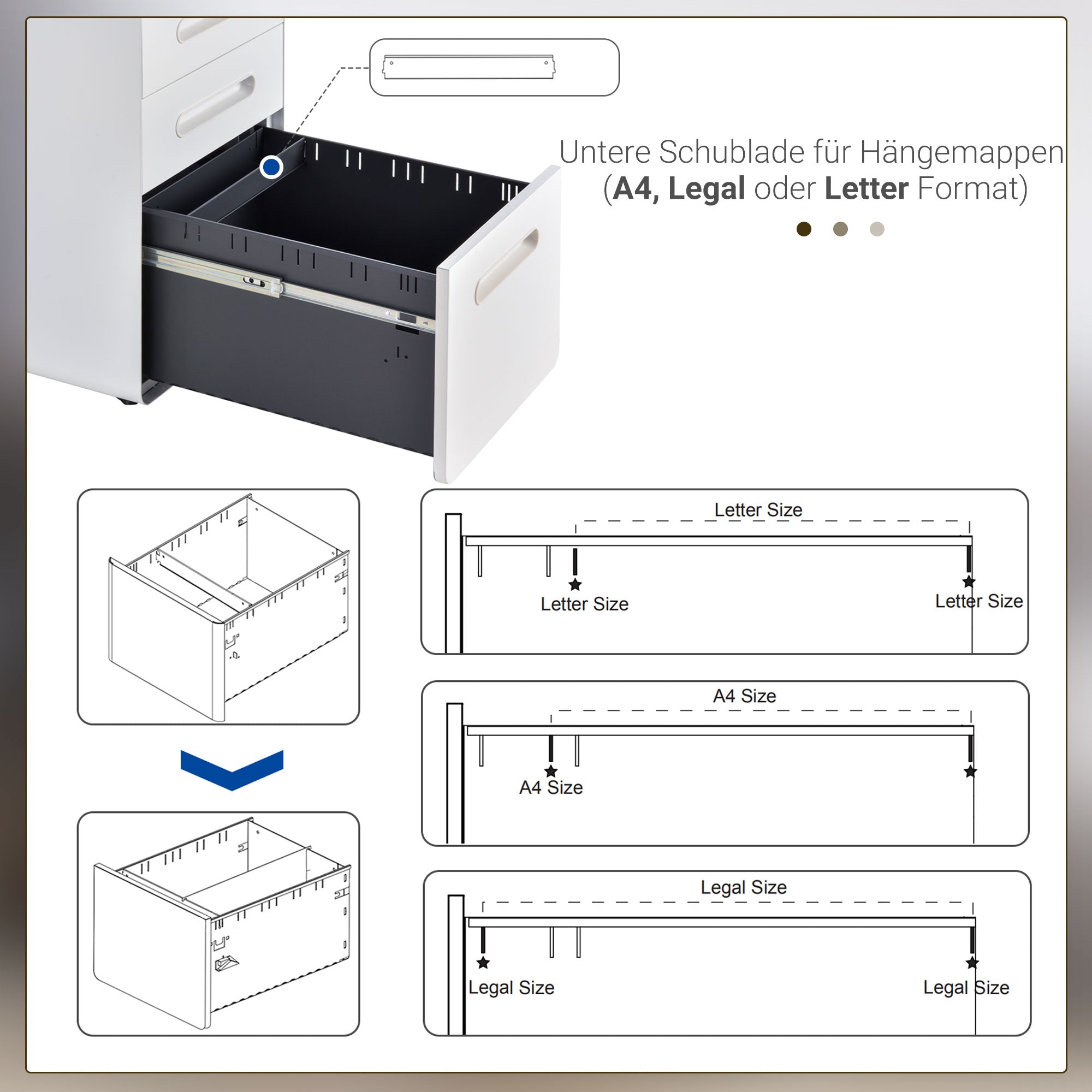 Mobile File Cabinet, Filing Cabinet with 3 Drawers, Office Cabinet, Storage Cabinet, Steel, White, 39 x 48 x 59 cm