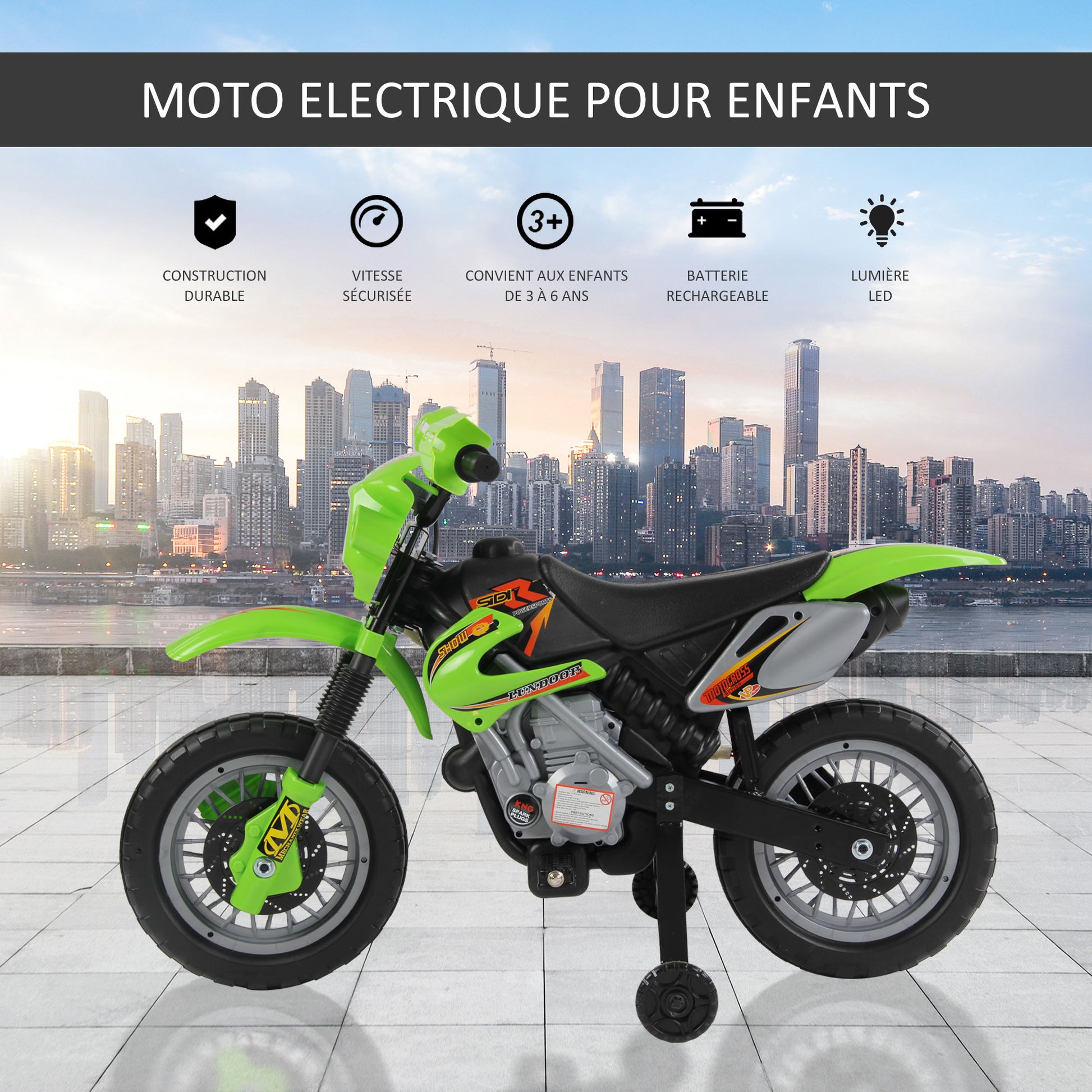 Children's Electric Motorcycle, Cross Motorcycle for Children with 6V Battery, Headlights, Music, and Training Wheels, 3 to 6 Years, Load 25KG, Green and Black