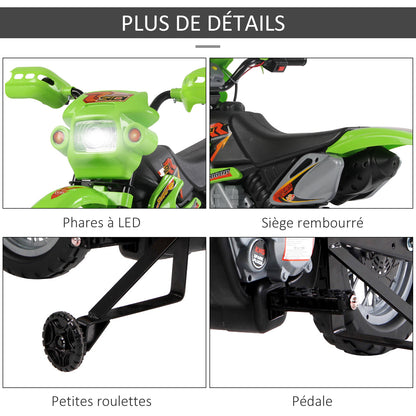 Children's Electric Motorcycle, Cross Motorcycle for Children with 6V Battery, Headlights, Music, and Training Wheels, 3 to 6 Years, Load 25KG, Green and Black