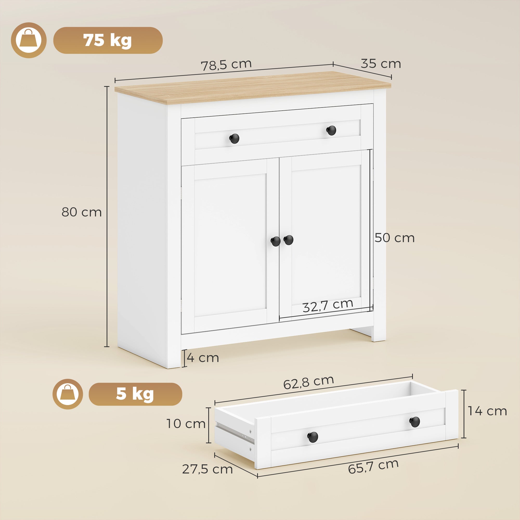 Sideboard Kitchen Cabinet with Drawer, Double Doors & Adjustable Shelf, White Oak-Effect — 30.9 x 13.8 x 31.5 in