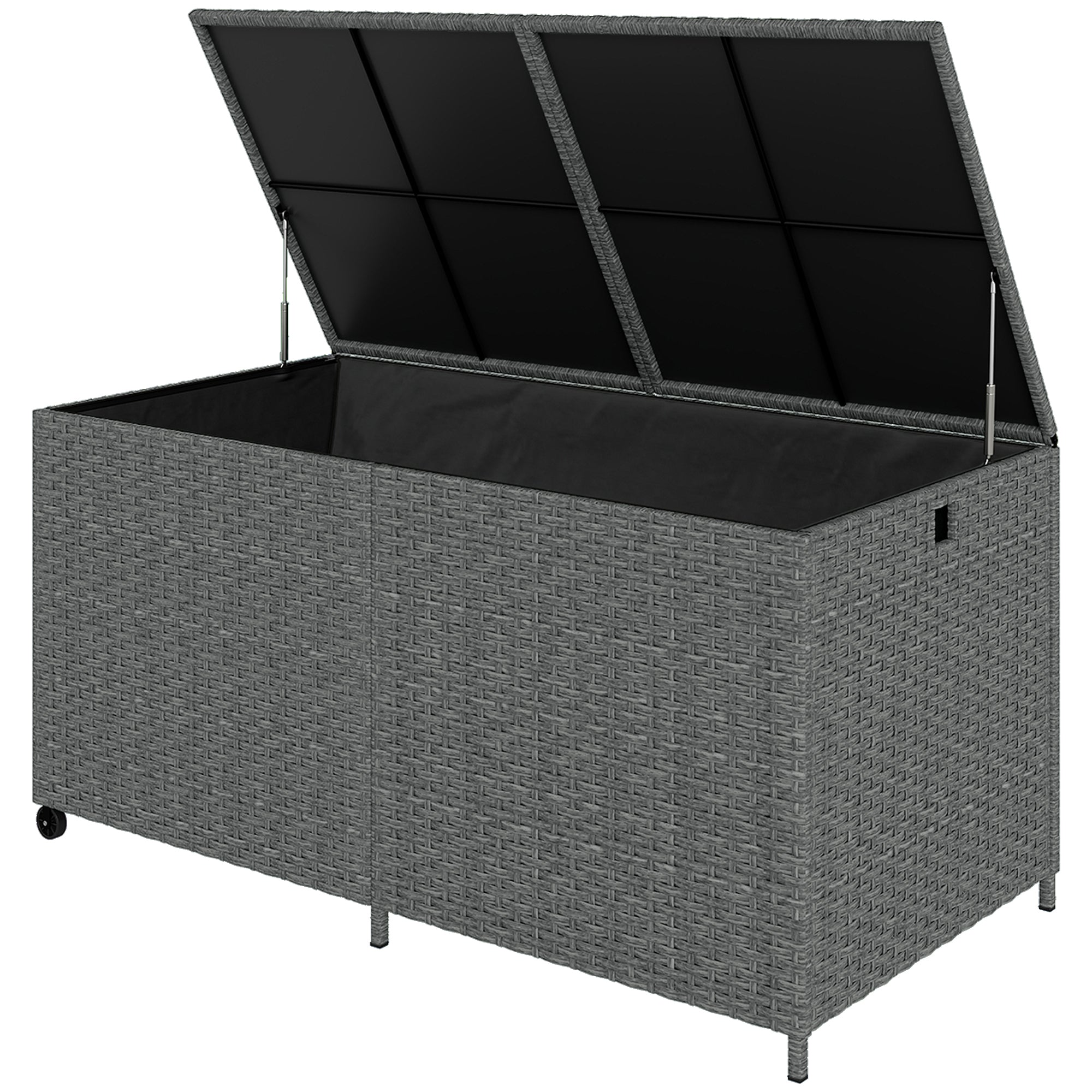 650L Weatherproof Rattan Cushion Box with Lid, Wheels & Storage – UV-Resistant Garden Chest for Patio, Terrace, Balcony | 59 x 29.5 x 29.1 in (150 x 75 x 74 cm) – Dark Gray