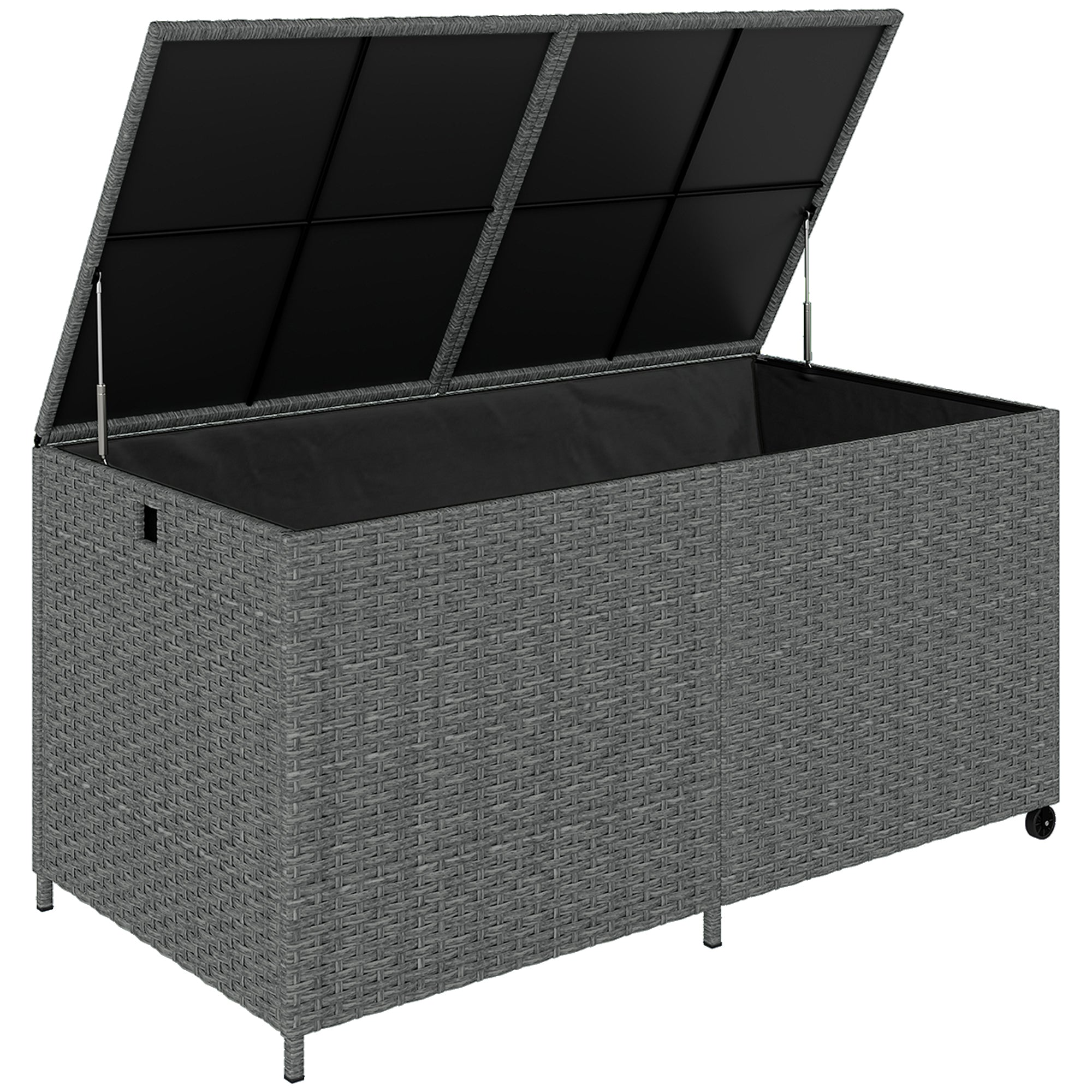 650L Weatherproof Rattan Cushion Box with Lid, Wheels & Storage – UV-Resistant Garden Chest for Patio, Terrace, Balcony | 59 x 29.5 x 29.1 in (150 x 75 x 74 cm) – Dark Gray