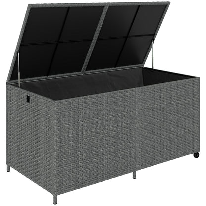 650L Weatherproof Rattan Cushion Box with Lid, Wheels & Storage – UV-Resistant Garden Chest for Patio, Terrace, Balcony | 59 x 29.5 x 29.1 in (150 x 75 x 74 cm) – Dark Gray