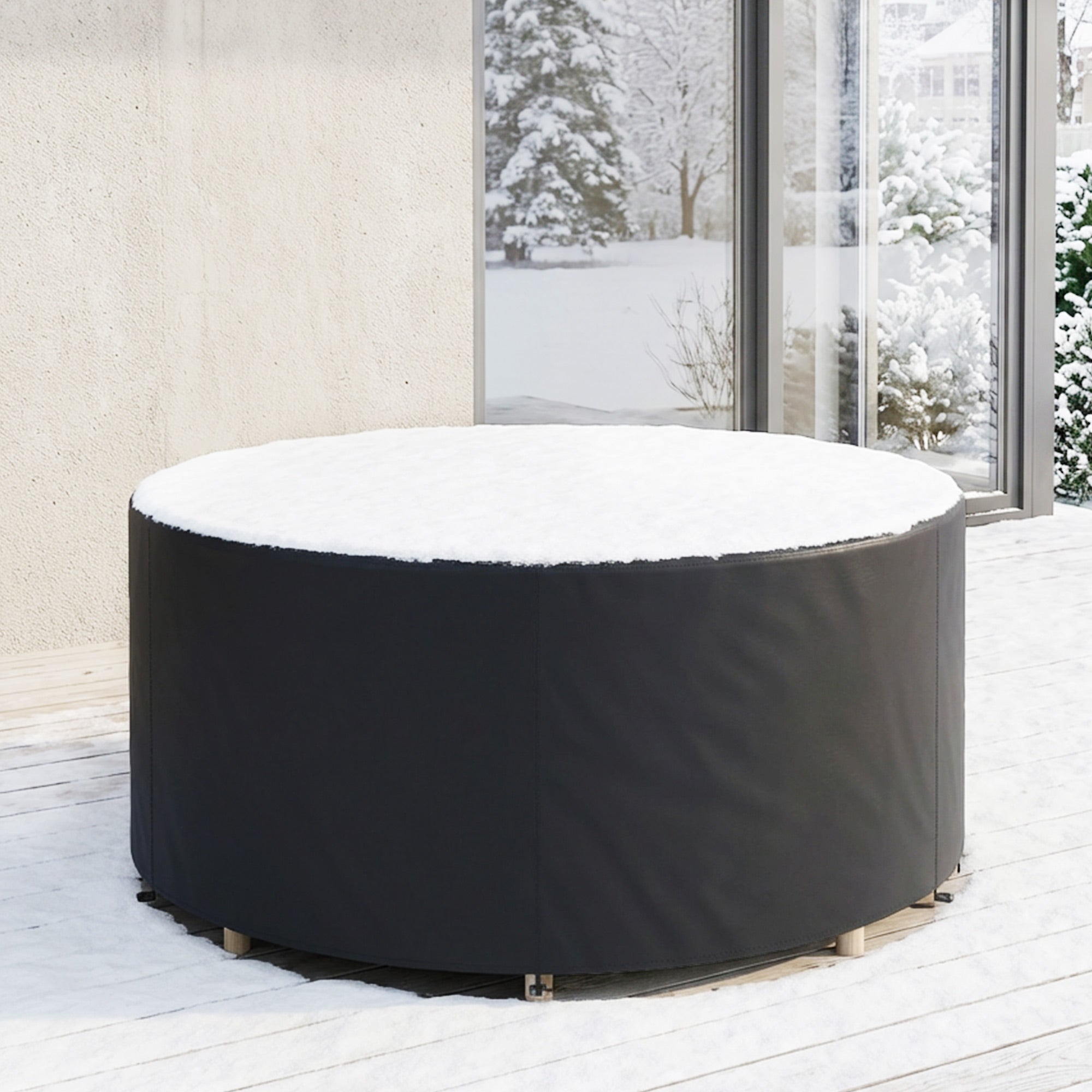 Round Patio Furniture Cover – 420D Waterproof Oxford, UV30+ Protection, Fits Round Tables & Stacked Chairs Ø84.3" x 27.6", Black