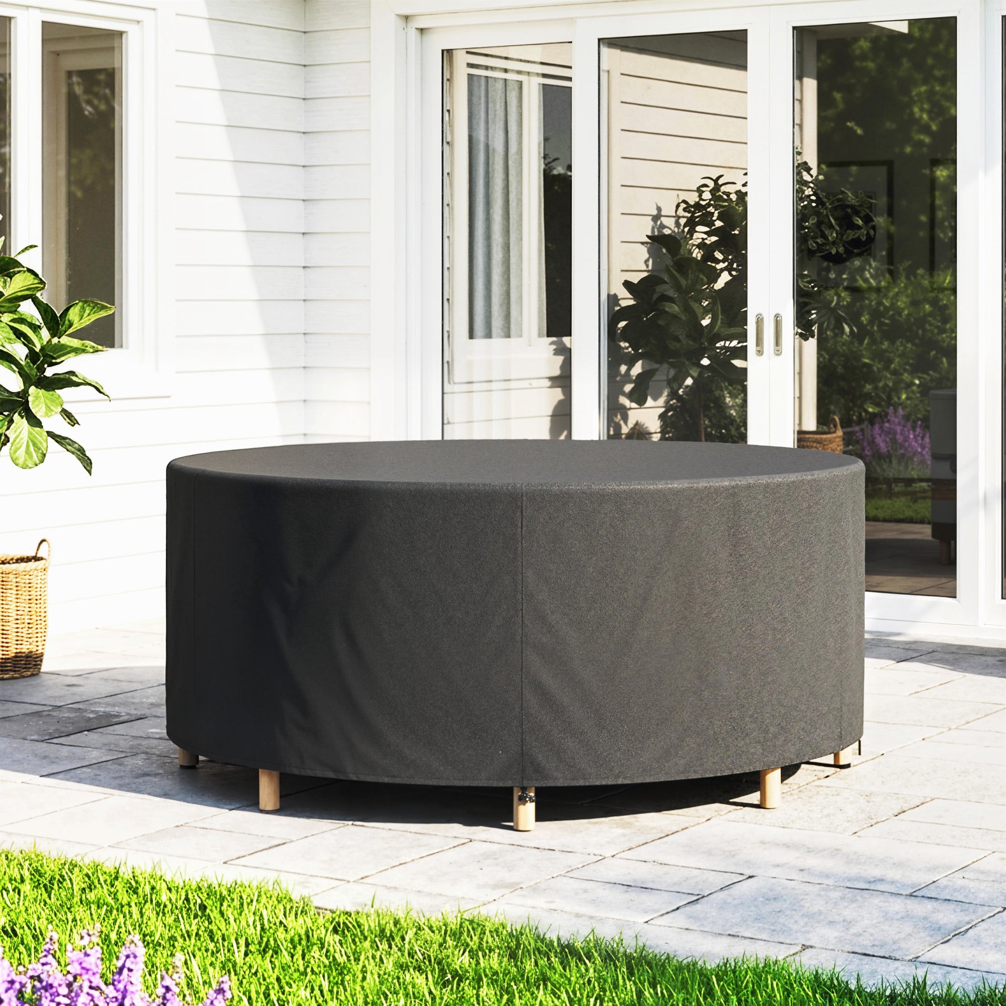 Round Patio Furniture Cover – 420D Waterproof Oxford, UV30+ Protection, Fits Round Tables & Stacked Chairs Ø84.3" x 27.6", Black
