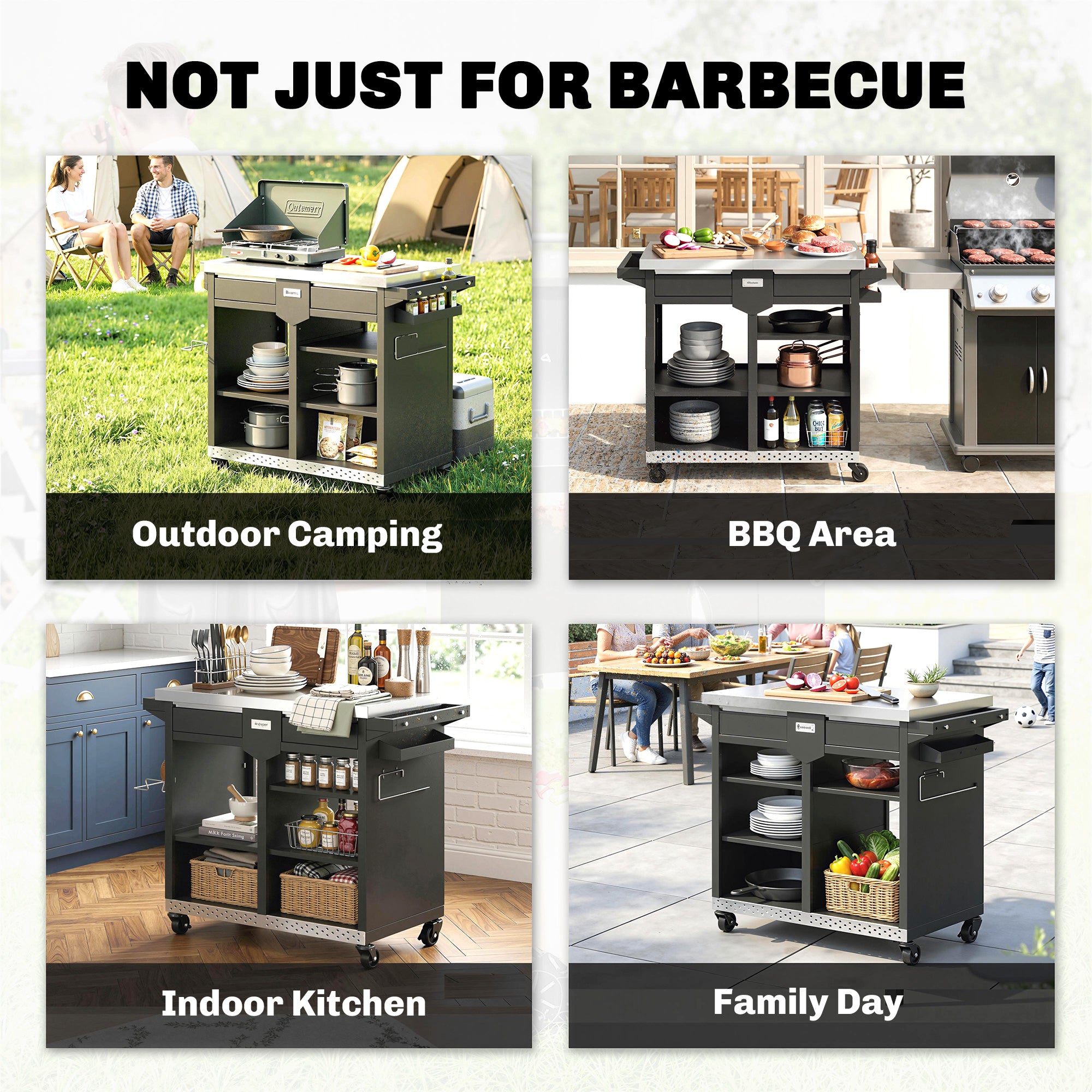 5-Tier Grill Cart with Stainless-Steel Worktop, Adjustable Shelves, Drawer, Wheels, Spice Rack, Towel Holder & Hooks — Mobile BBQ Serving Trolley (117 x 54 x 85.5 cm / 46.1 x 21.3 x 33.7 in)
