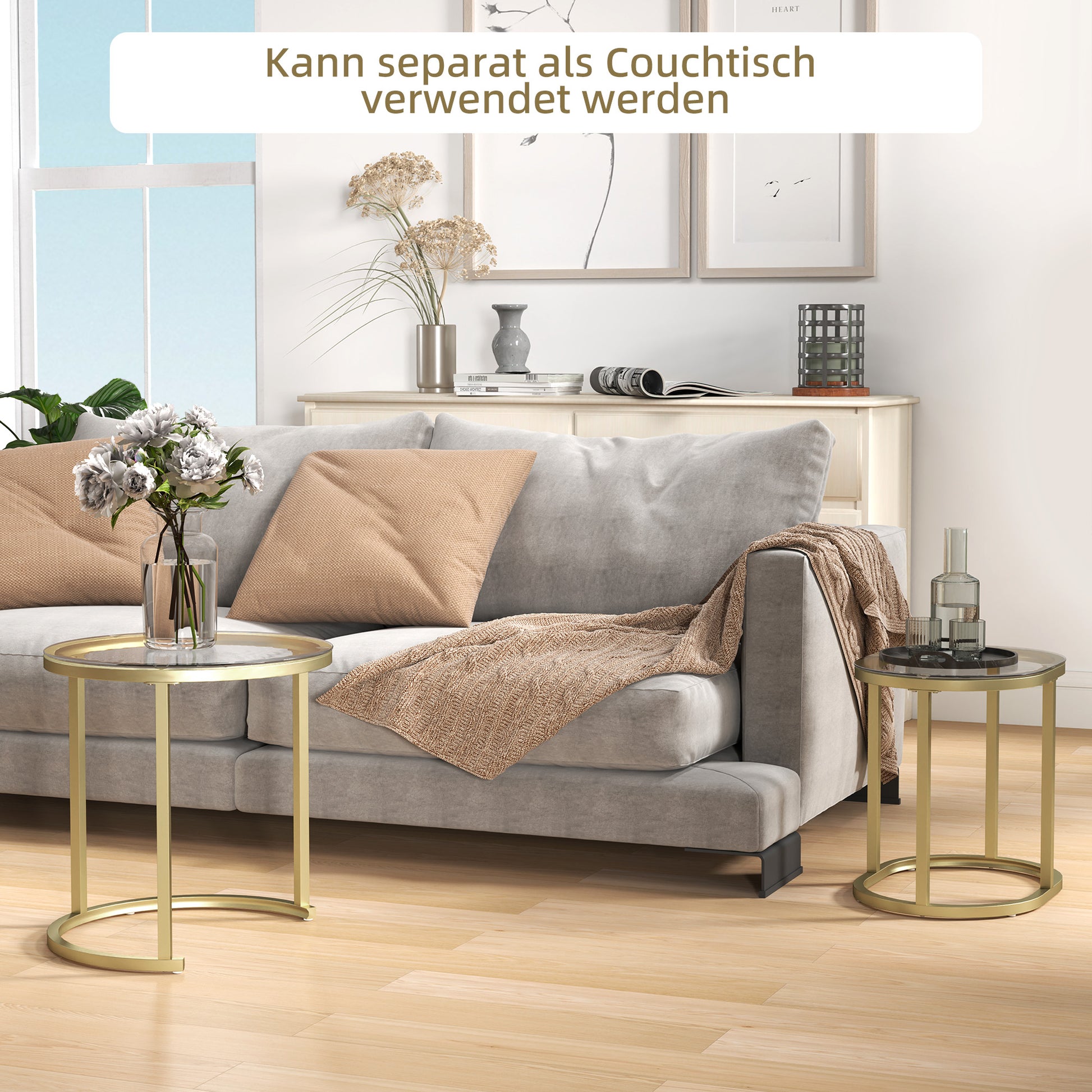 Coffee Table Round 2-Piece Set Stackable Side Table with Steel Frame, Living Room Table Coffee Table for Living Room Bedroom Gold