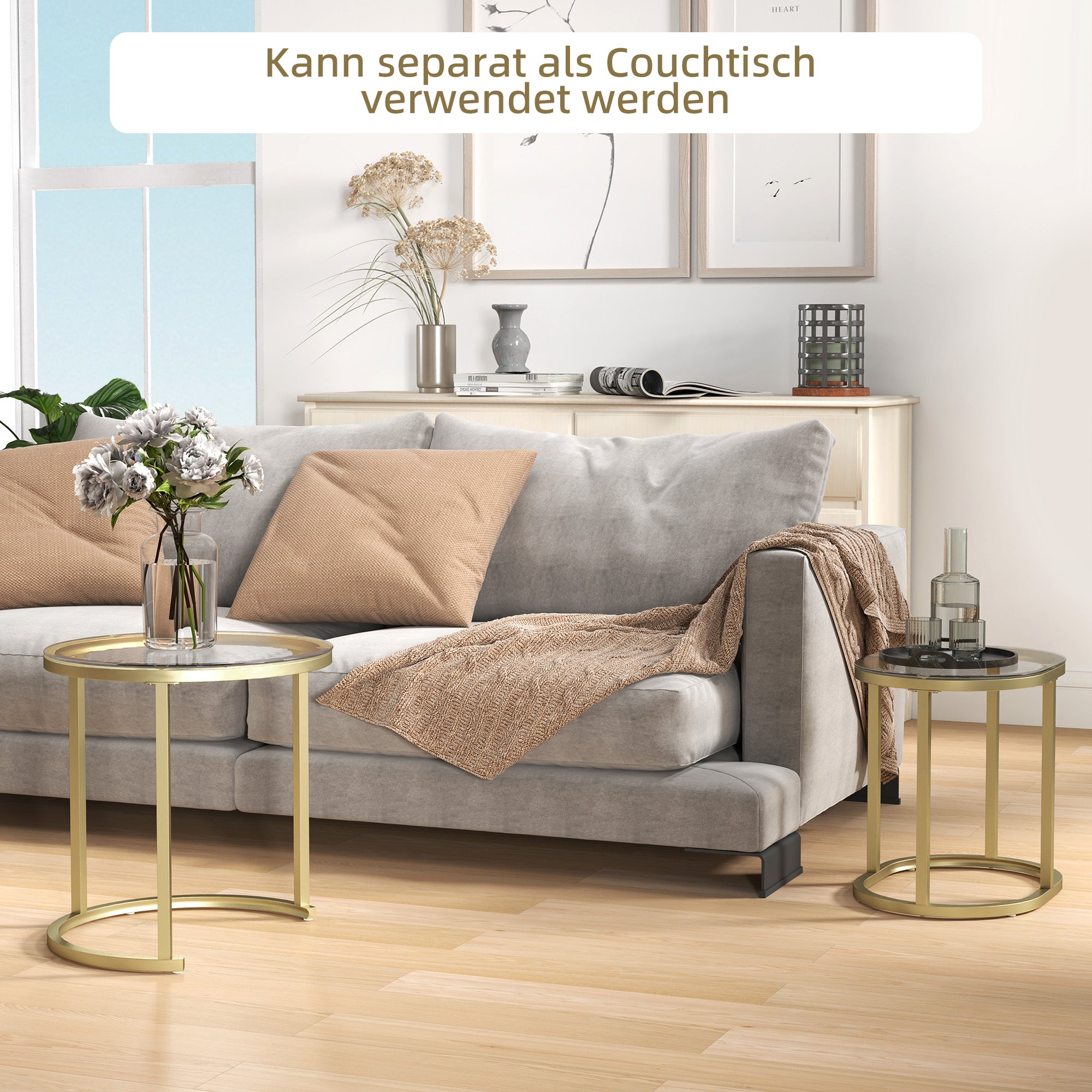 Coffee Table Round 2-Piece Set Stackable Side Table with Steel Frame, Living Room Table Coffee Table for Living Room Bedroom Gold