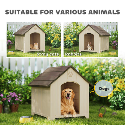 Raised Outdoor Dog House for Medium & Large Dogs — Sloped Roof, Ventilation & Ground Pegs, PP, 34.6 x 30.7 x 35.0 in (Beige/Dark Brown)