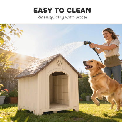 Raised Outdoor Dog House for Medium & Large Dogs — Sloped Roof, Ventilation & Ground Pegs, PP, 34.6 x 30.7 x 35.0 in (Beige/Dark Brown)