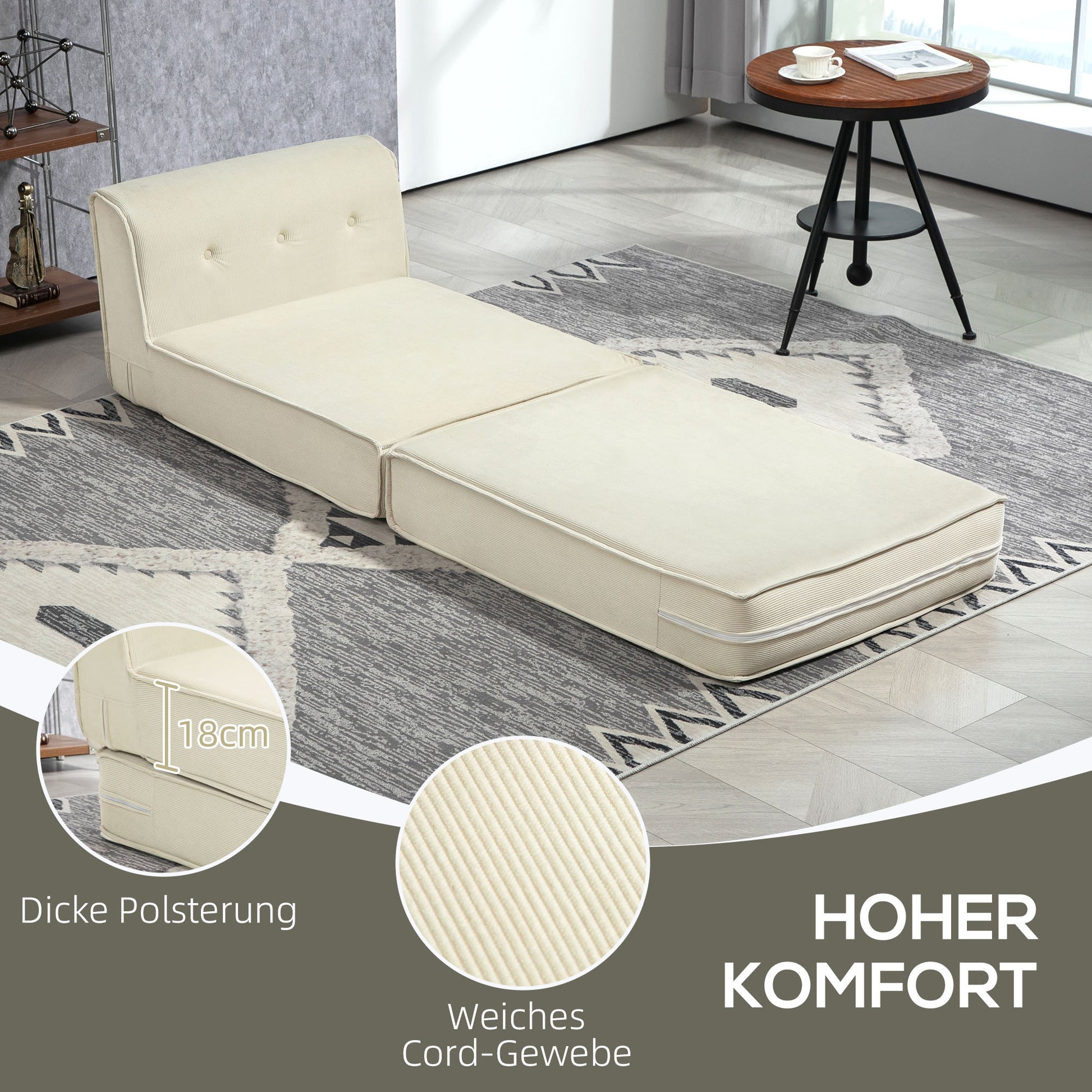 Floor Sofa 2-in-1 Foldable Sofa Bed with Corduroy Look, Upholstered Sofa Bed up to 240 kg Load Capacity for Living Room, Bedroom, Cream White